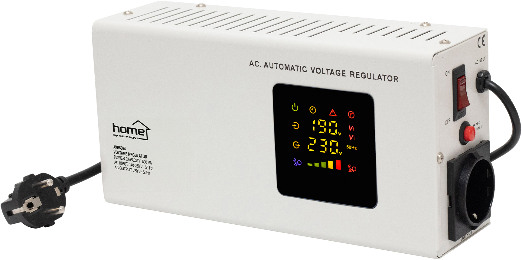 HOME Feszültségstabilizátor, 500VA, automatikus, falra szerelhető, színes digitális kijelző (AVR500S)