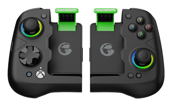 Zwei schwarze Game-Controller-Hälften mit grünen Halterungen und RGB-Beleuchtung.