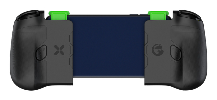Schwarzer Handy-Controller mit grünen Clips und einem dunklen blauen Bildschirm.