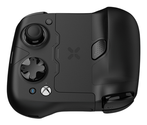 Ein schwarzer Gaming-Controller mit Steuerkreuz, Joystick und Knöpfen.