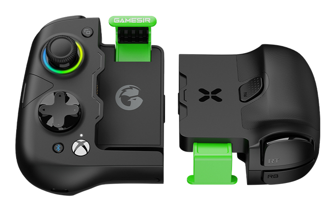 Schwarzer Gamecontroller mit grünen Akzenten, zwei Hälften auf weißem Hintergrund.