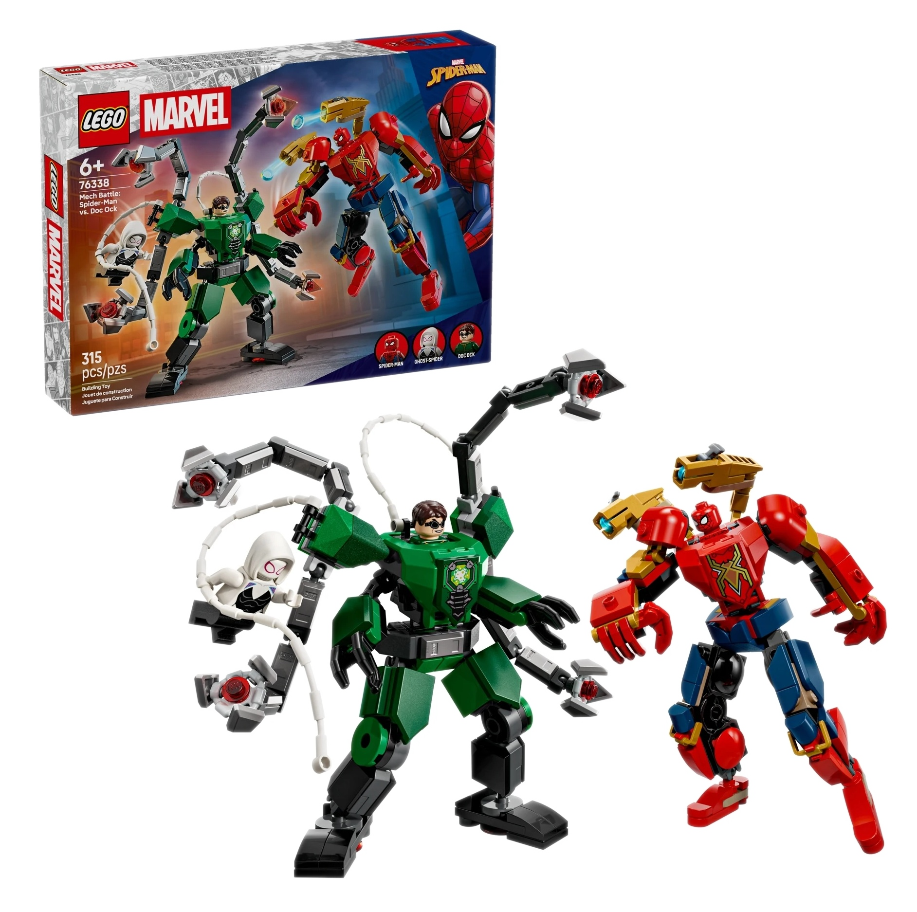 Mechy LEGO Spider-Mana i Doc Ocka walczą, Ghost-Spider unosi się.