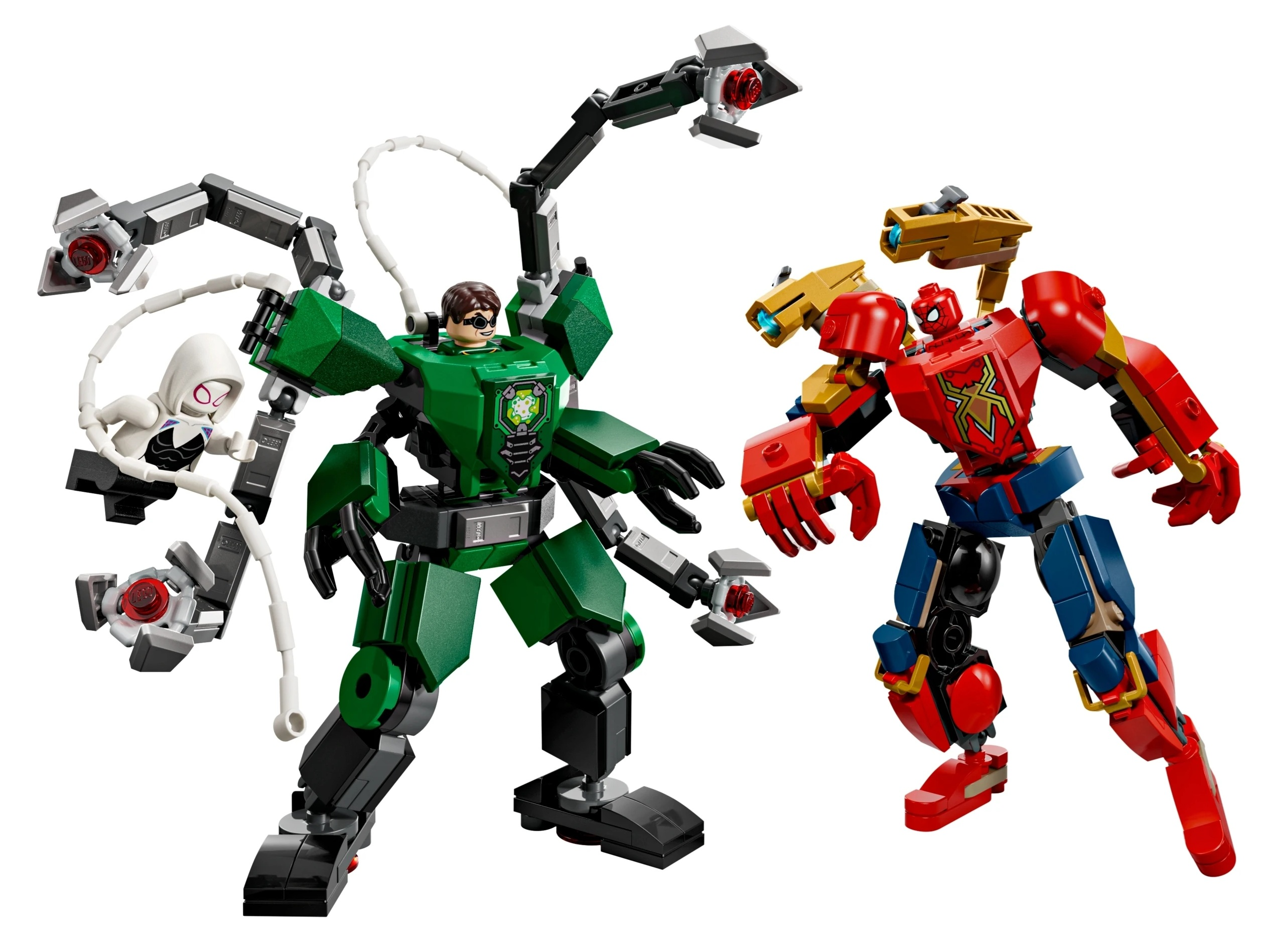 Zielony mech z mackami i Spider-Gwen, czerwony mech z symbolem Spider-Mana.