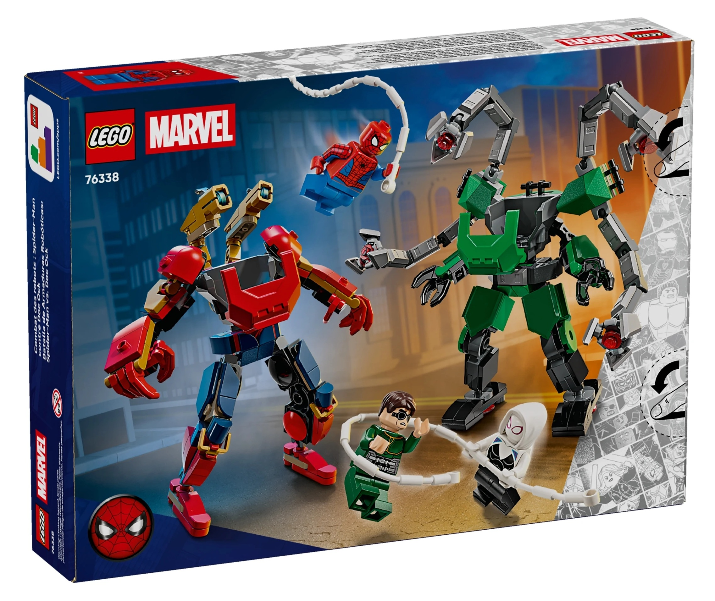 Zestaw LEGO Marvel ze Spidermanem, Doc Ockiem i Ghost-Spider w mechach.