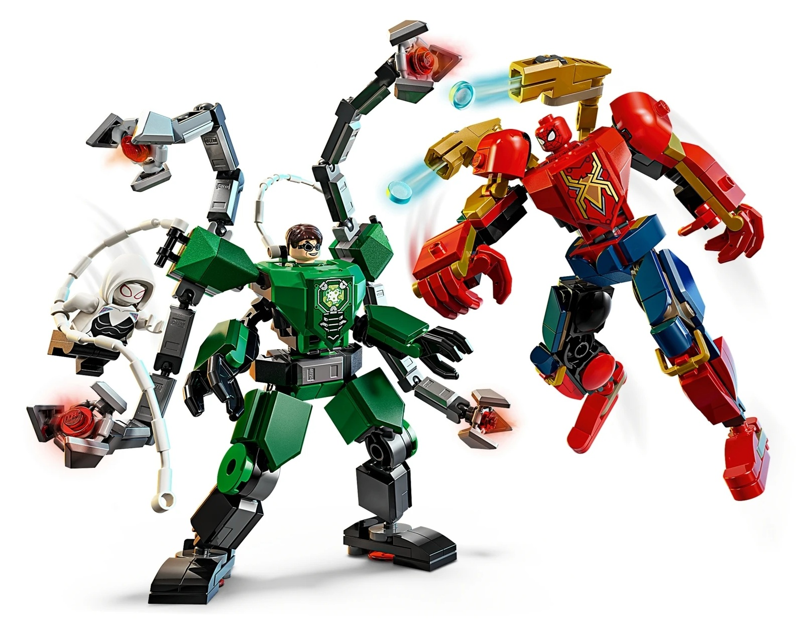 Roboty Lego: Spiderman walczy z Doktorem Octopusem i Ghost-Spider.