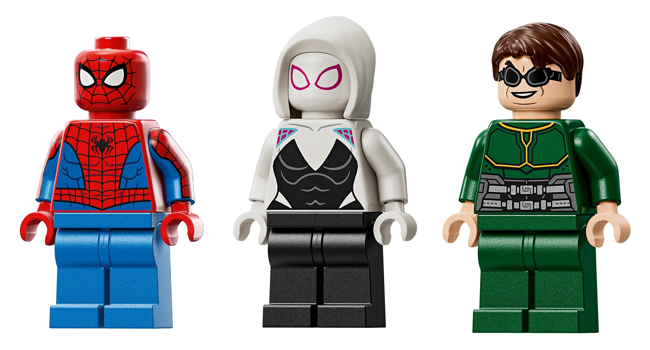 Trzy figurki Lego: Spider-Man, Spider-Gwen i Dr. Octopus na białym tle.