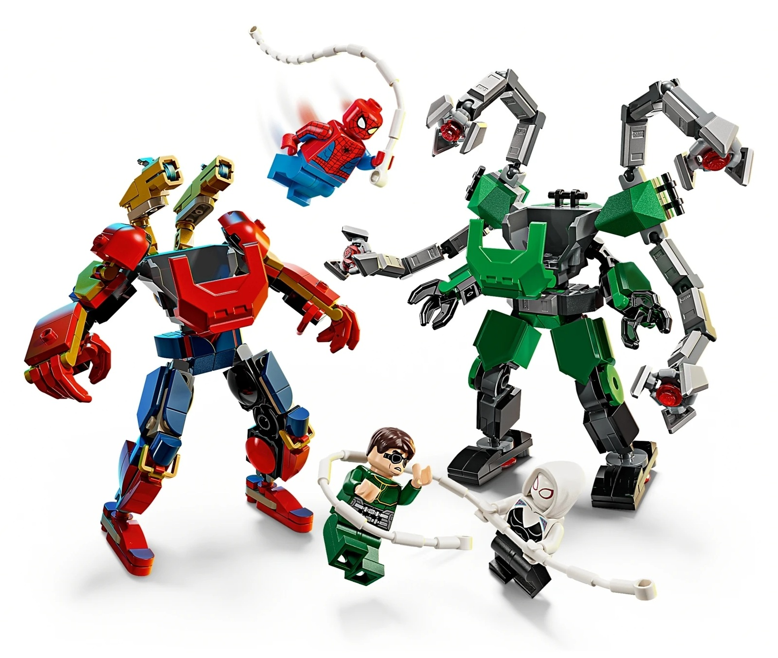 Figurki Spider-Mana walczą z robotami Lego i Doktorem Octopusem.