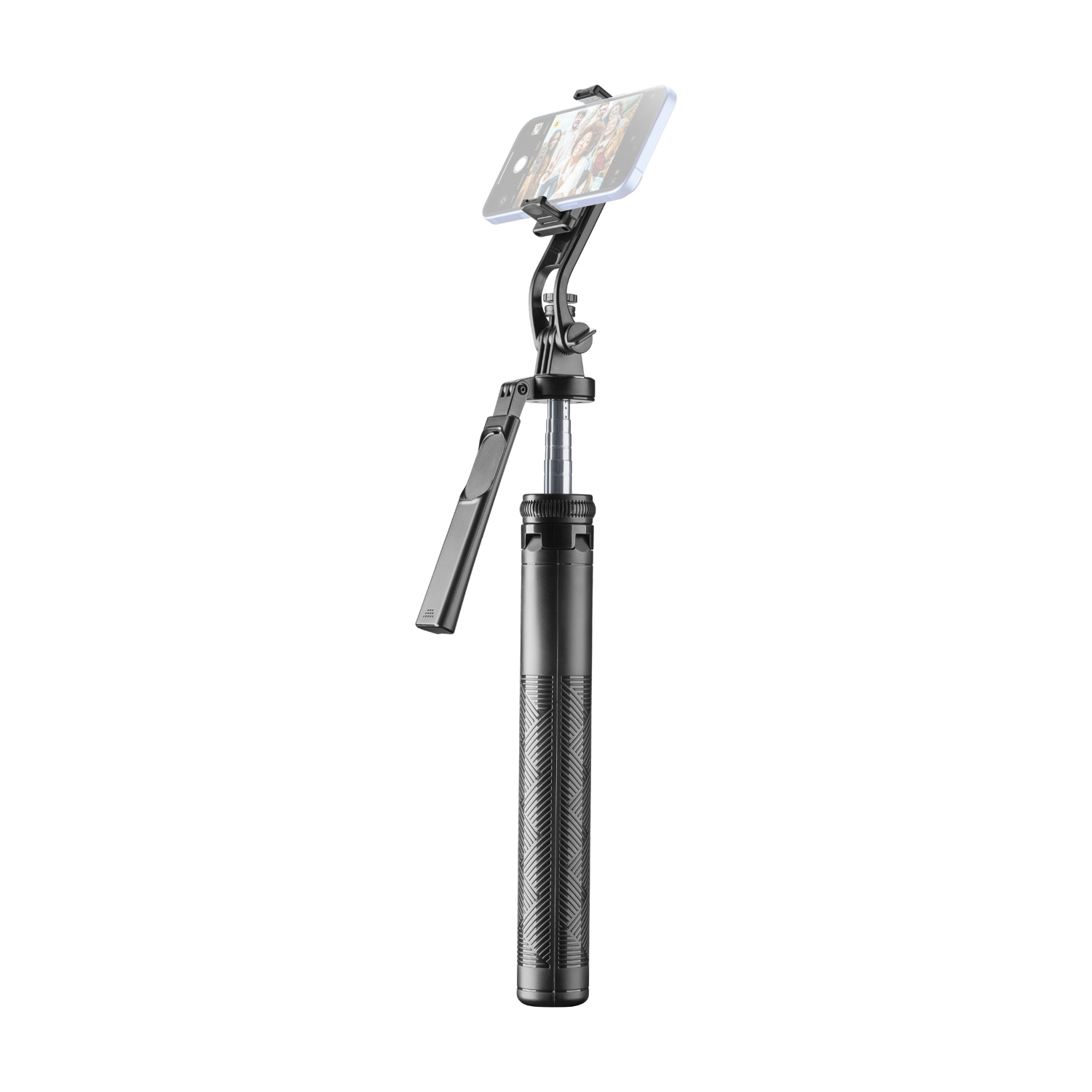 Un selfie stick nero che tiene uno smartphone che visualizza una foto.