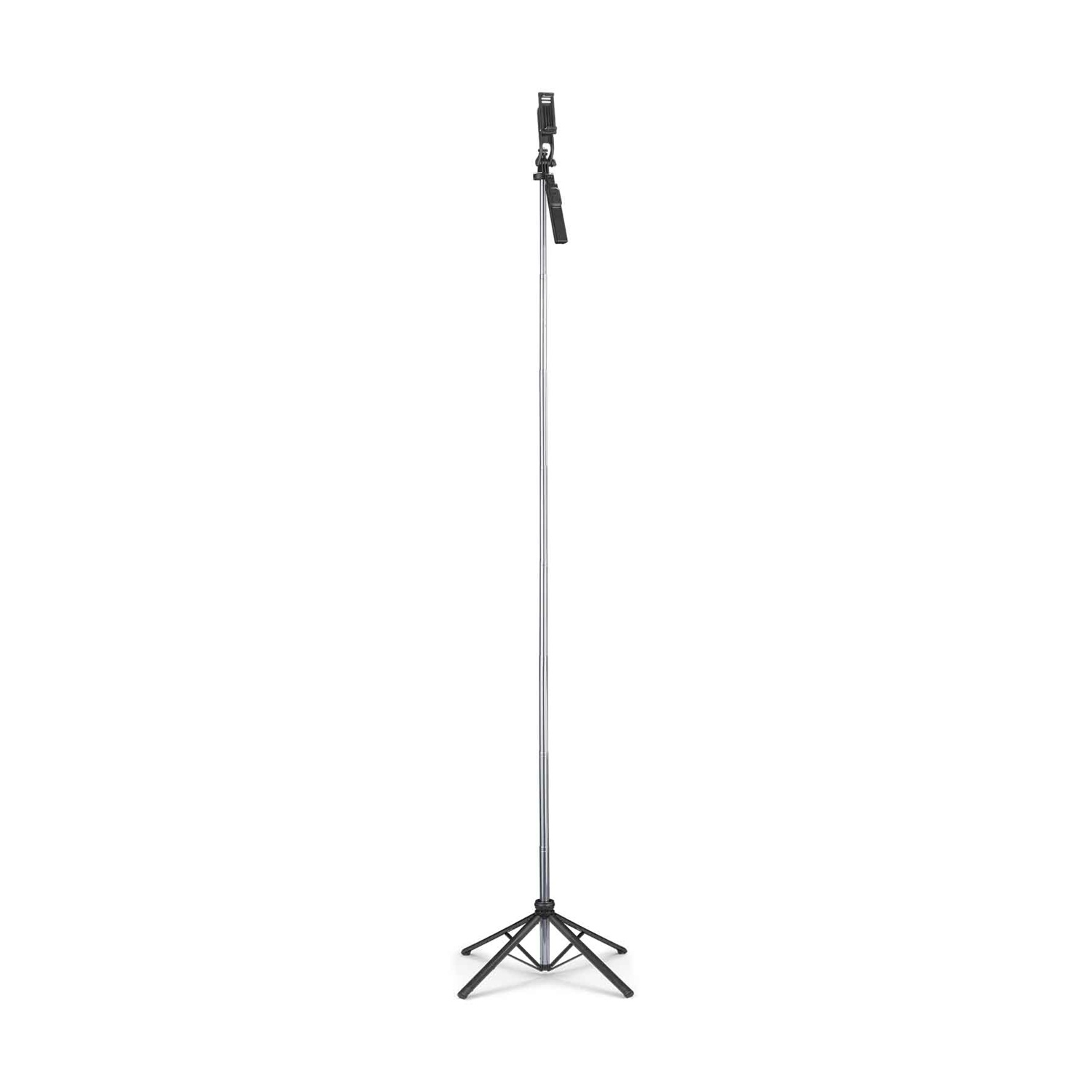 Un selfie stick estensibile con treppiede e manico nero.
