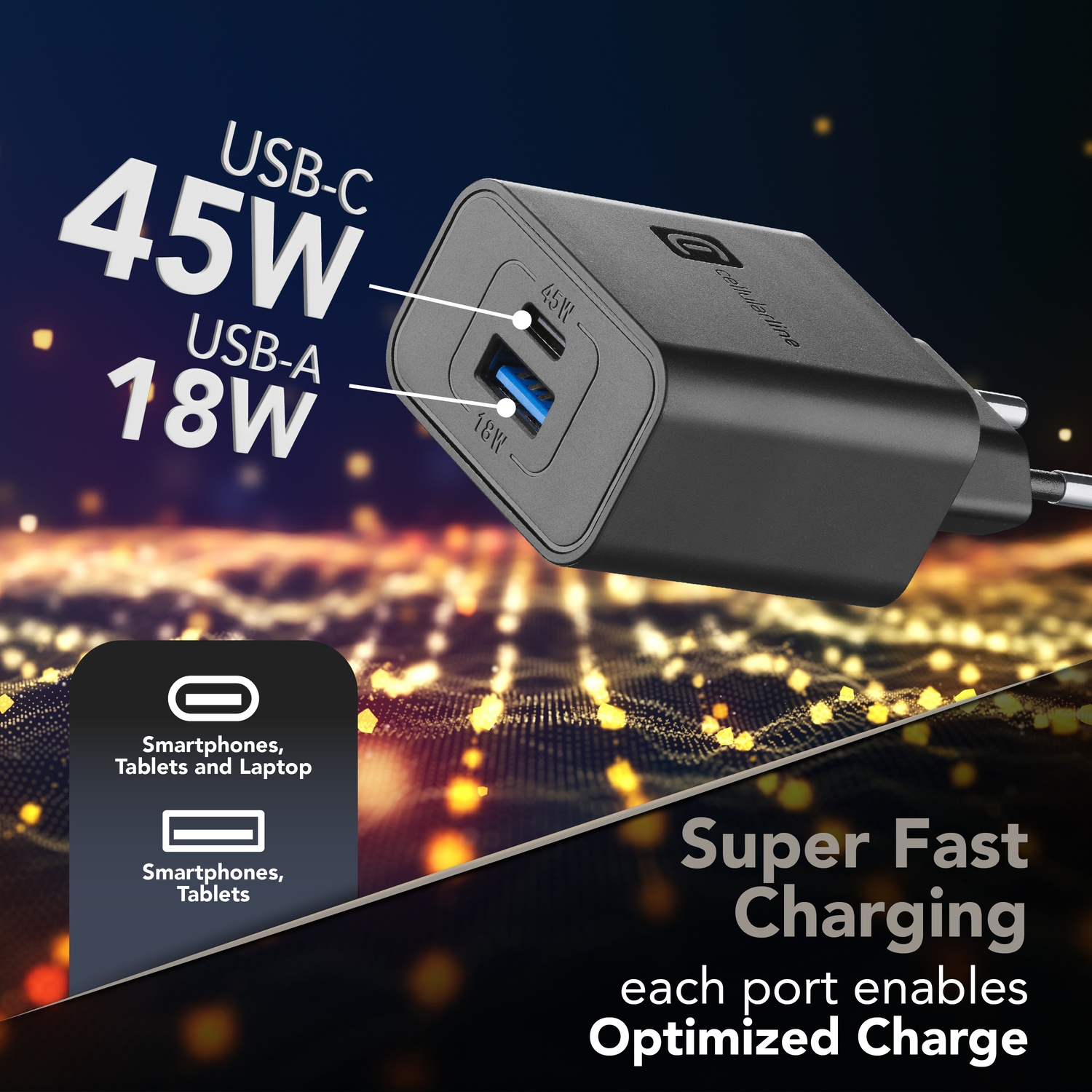 Caricatore USB-C nero, 45W e USB-A, 18W. Per smartphone, tablet e laptop.