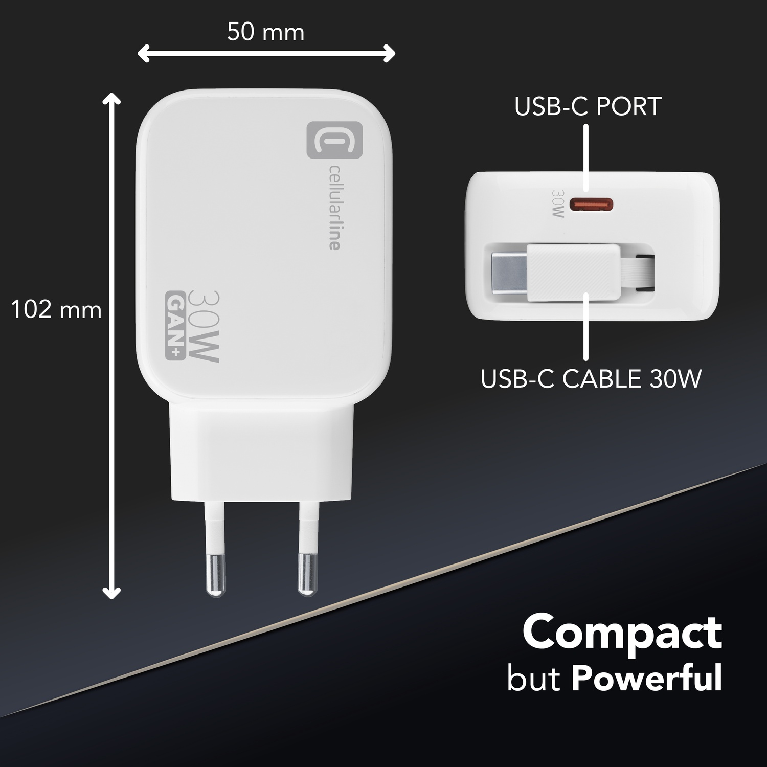 Caricatore Cellularline 30W GAN+ bianco, 102x50mm, con porta e cavo USB-C.