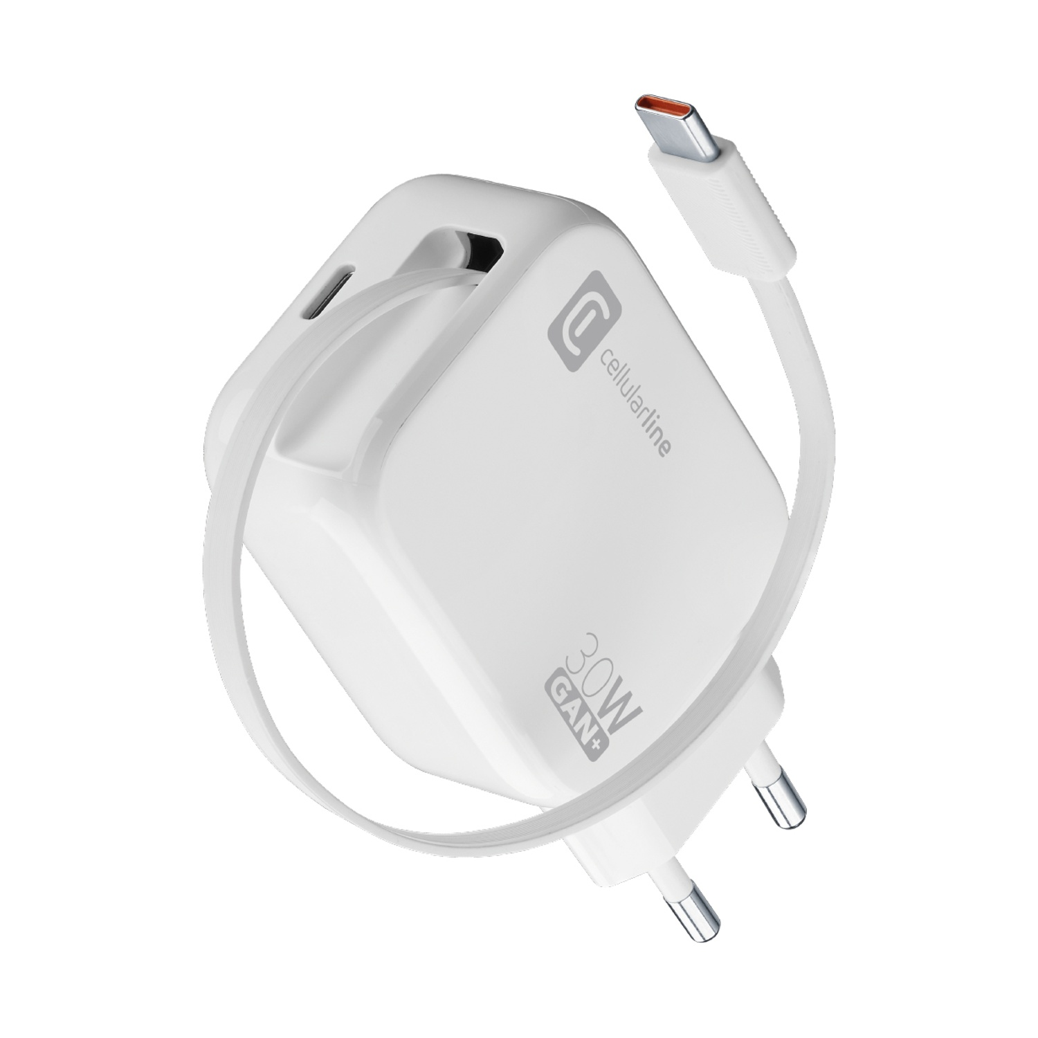 Un caricatore bianco 30W GAN+ con cavo USB-C bianco.