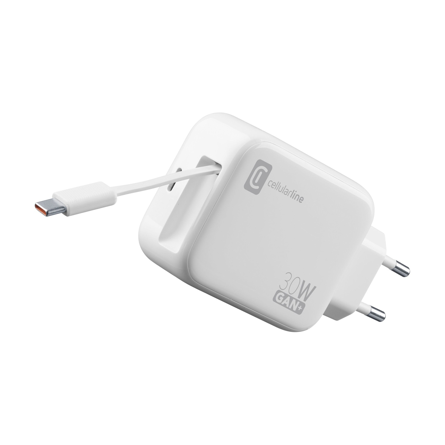 Caricatore bianco 30W GAN+ con cavo USB-C e spina europea.