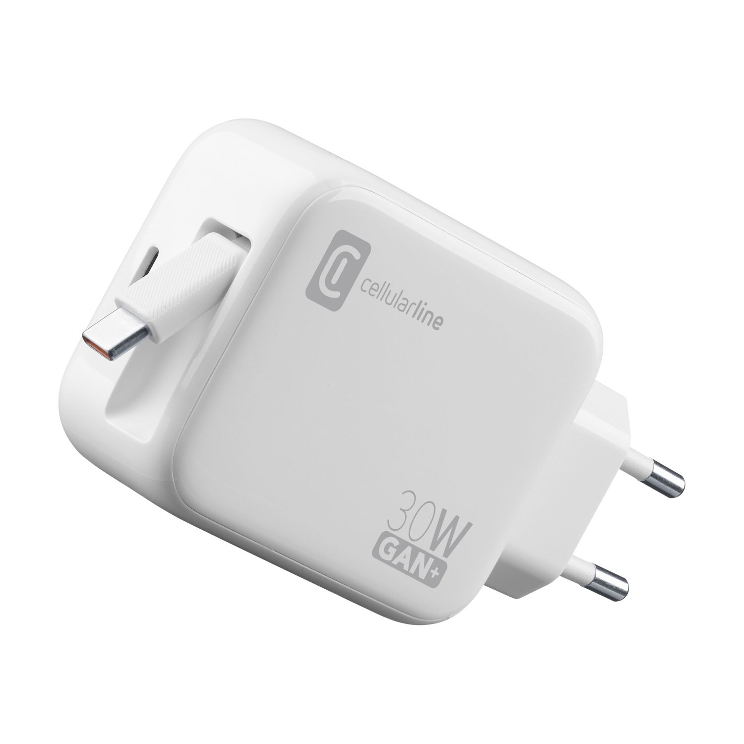 Un caricatore bianco 30W Gan+ con porta USB-C e cavo.