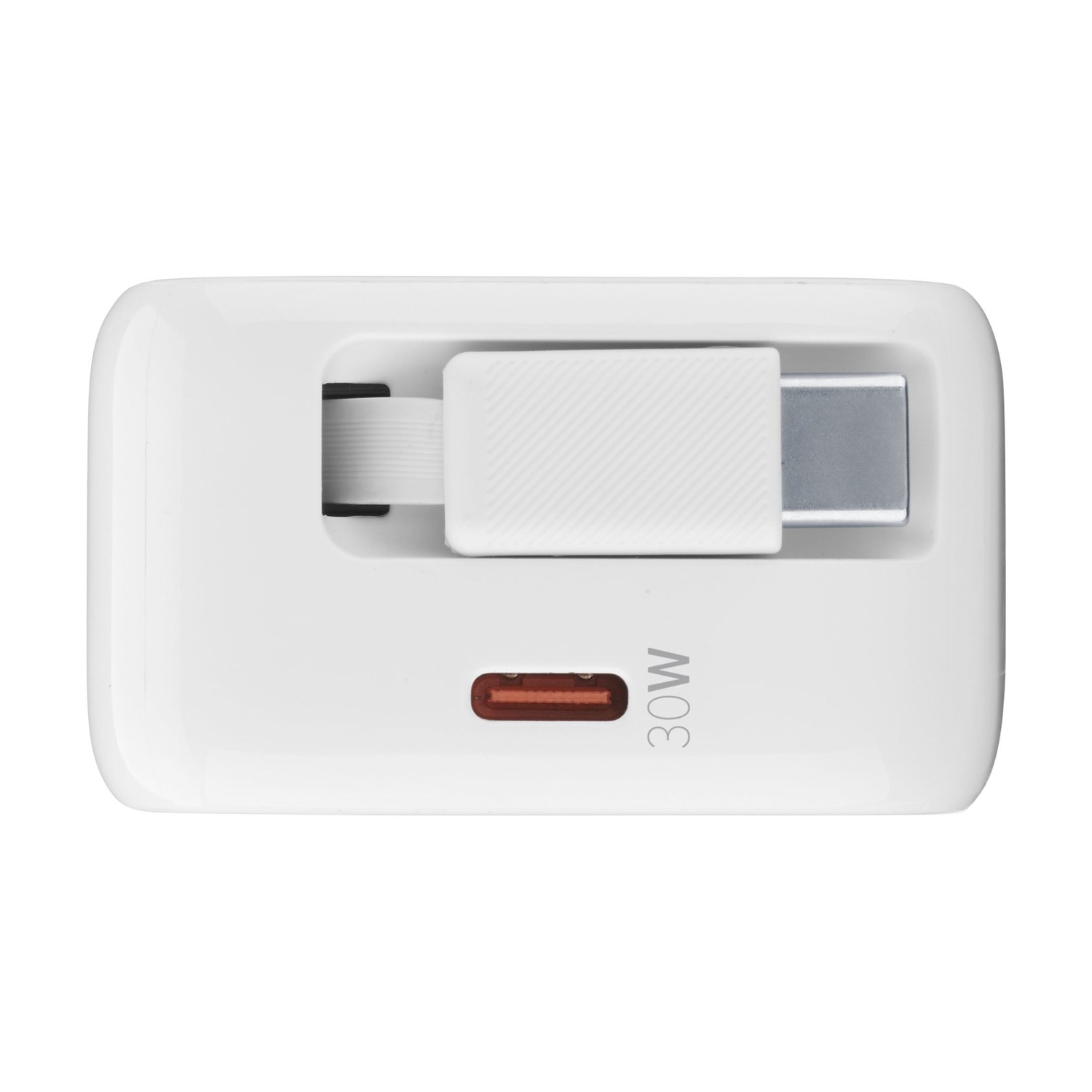 Caricatore bianco con porta USB-C e marcatura 30W.