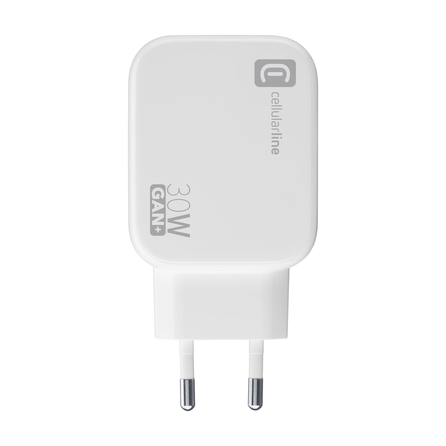 Un caricatore bianco Cellularline 30W GAN+ con due pin metallici.