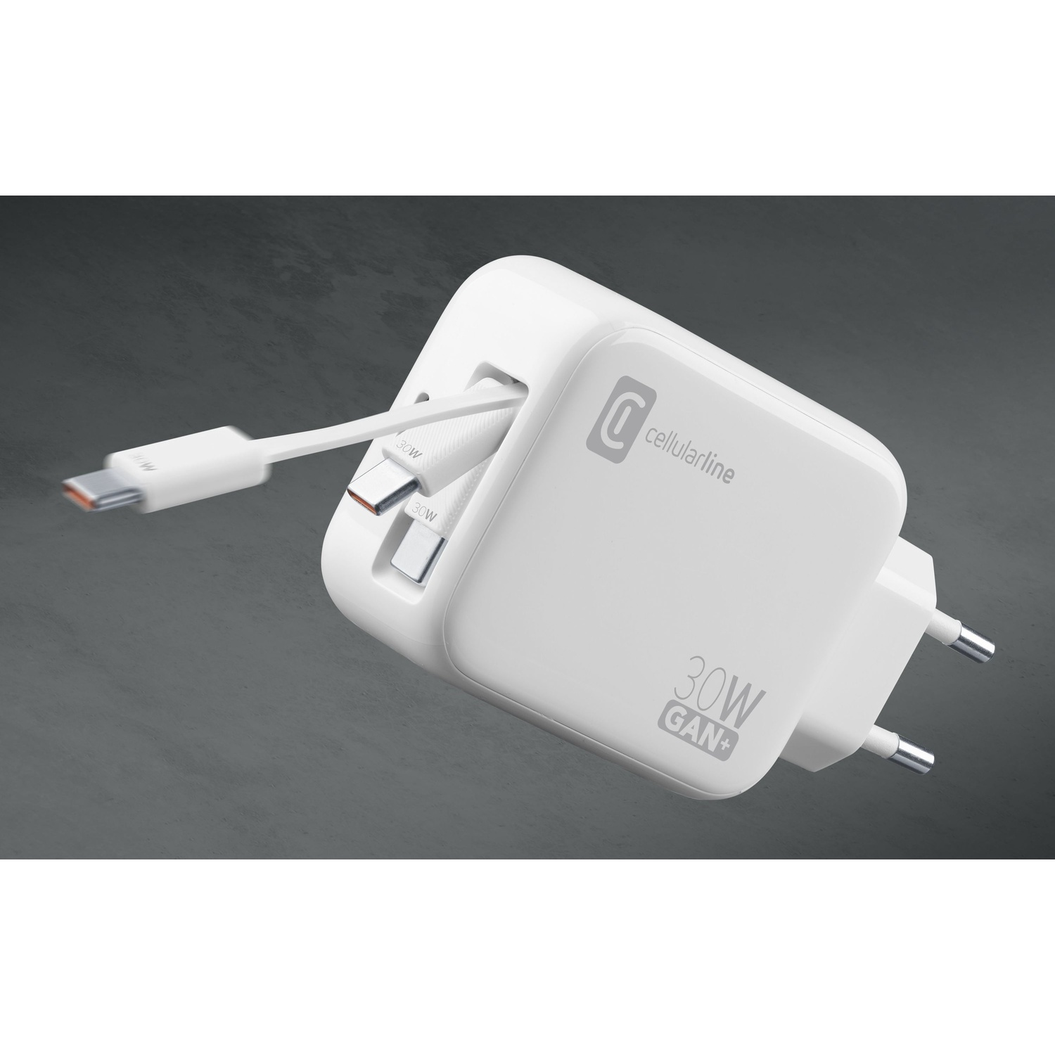 Un caricatore bianco 30W GAN+ con due porte USB-C e un cavo.