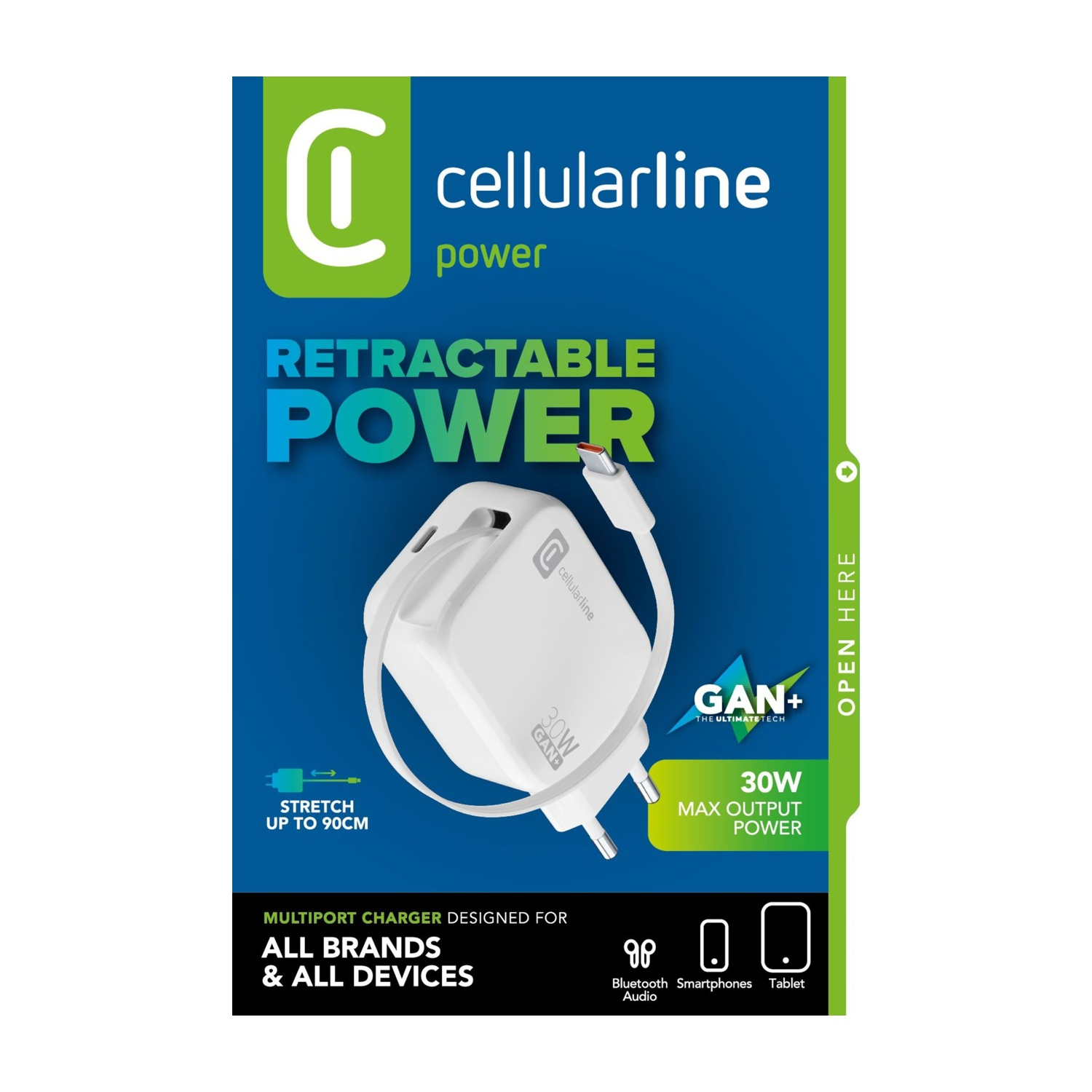 Adattatore di corrente retrattile Cellularline con cavo USB-C, 30W max.