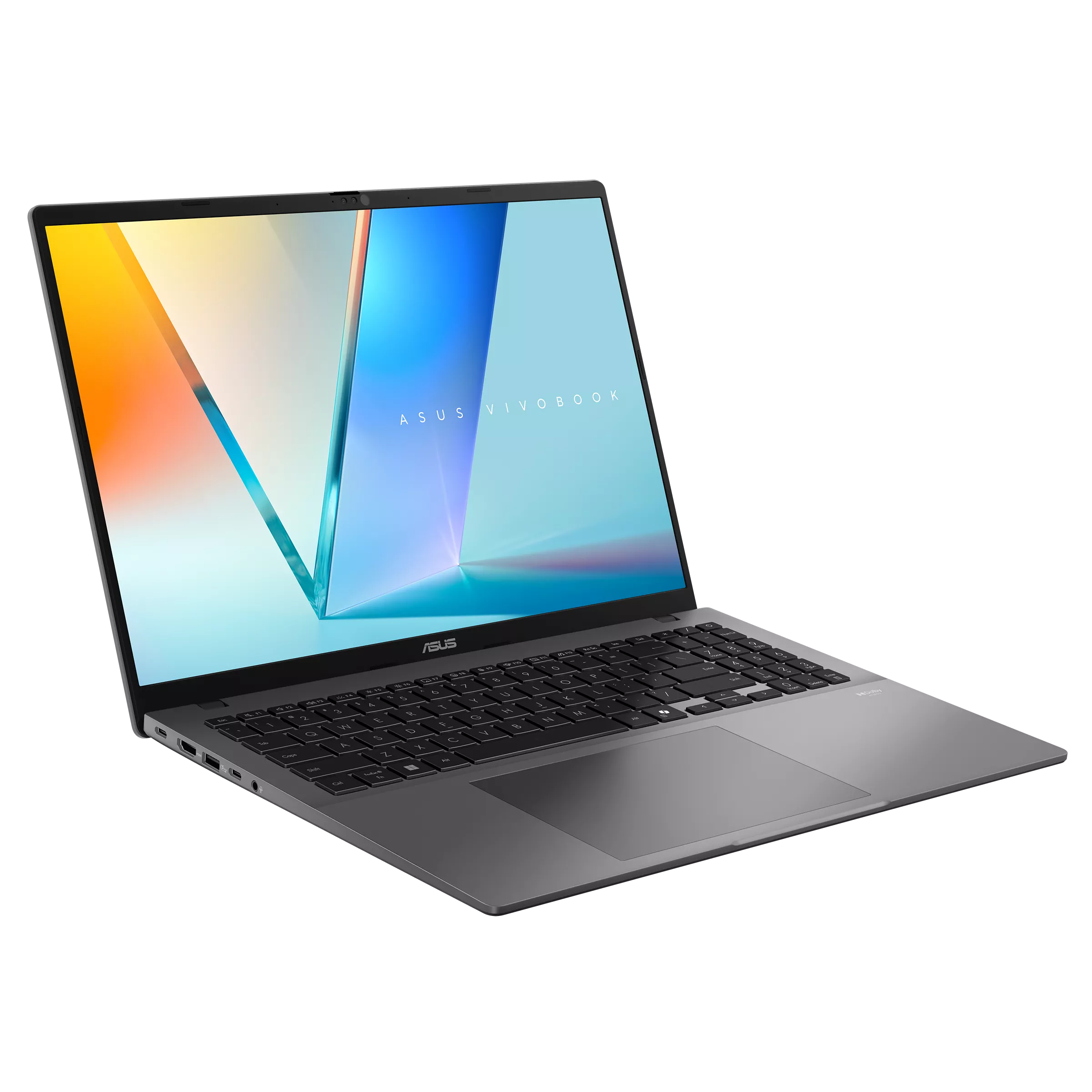 Arkadan aydınlatmalı klavyeli ve renkli duvar kağıtlı gri ASUS Vivobook dizüstü bilgisayar.