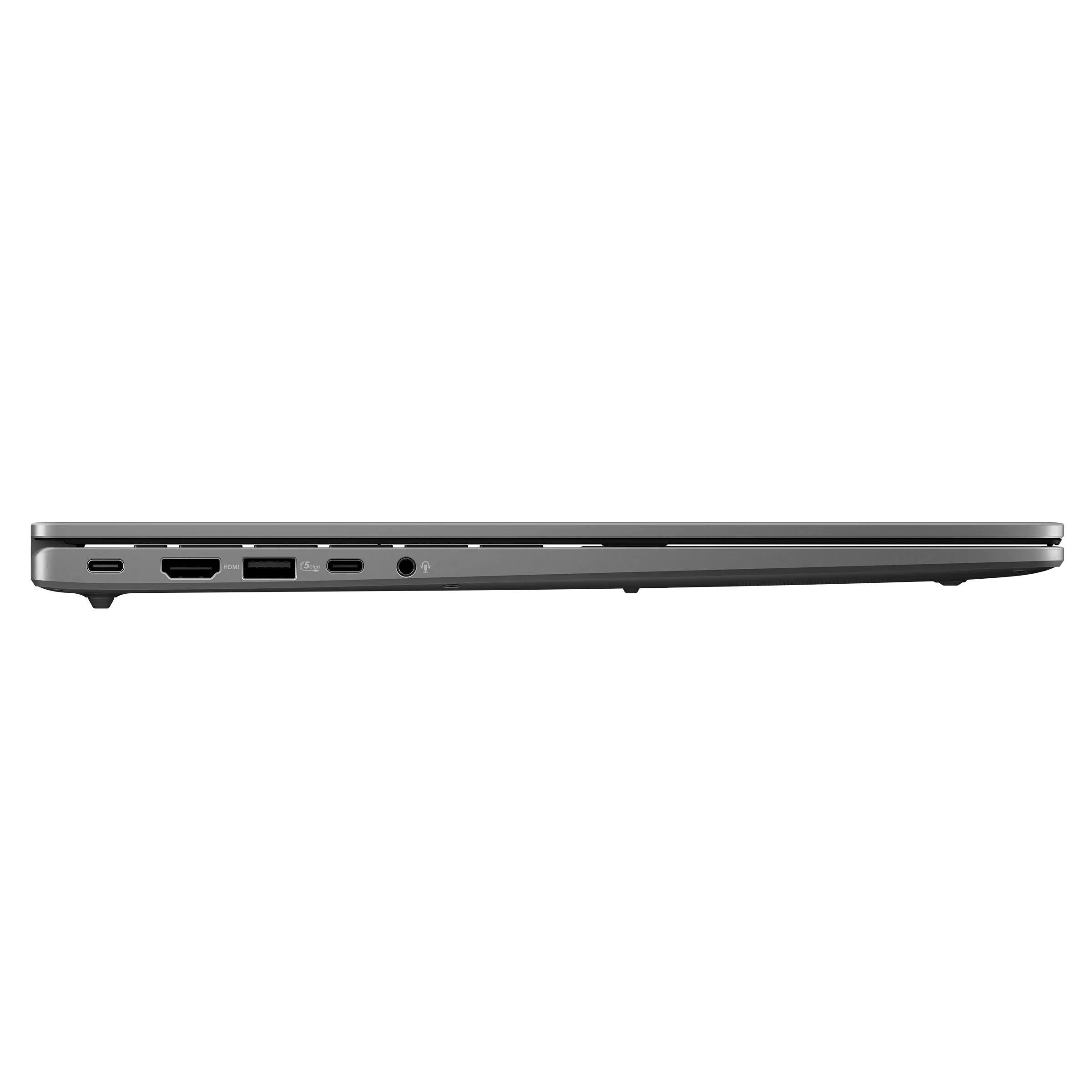 Gri renkli dizüstü bilgisayarın yan tarafı, bağlantı noktaları: USB-C, HDMI ve kulaklık jakı.