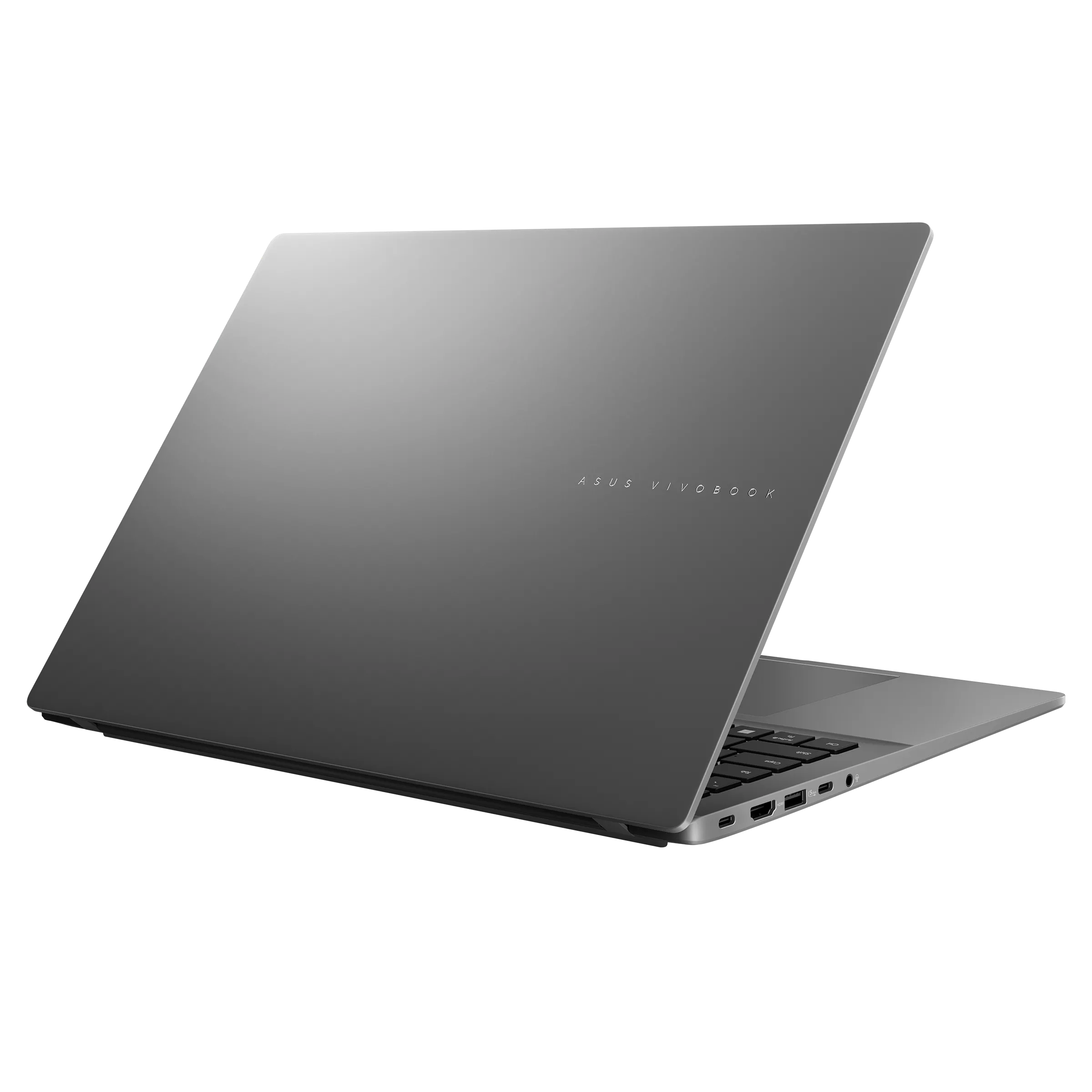 Gri Asus Vivobook dizüstü bilgisayar açık kapaklı, siyah arka plan üzerinde.