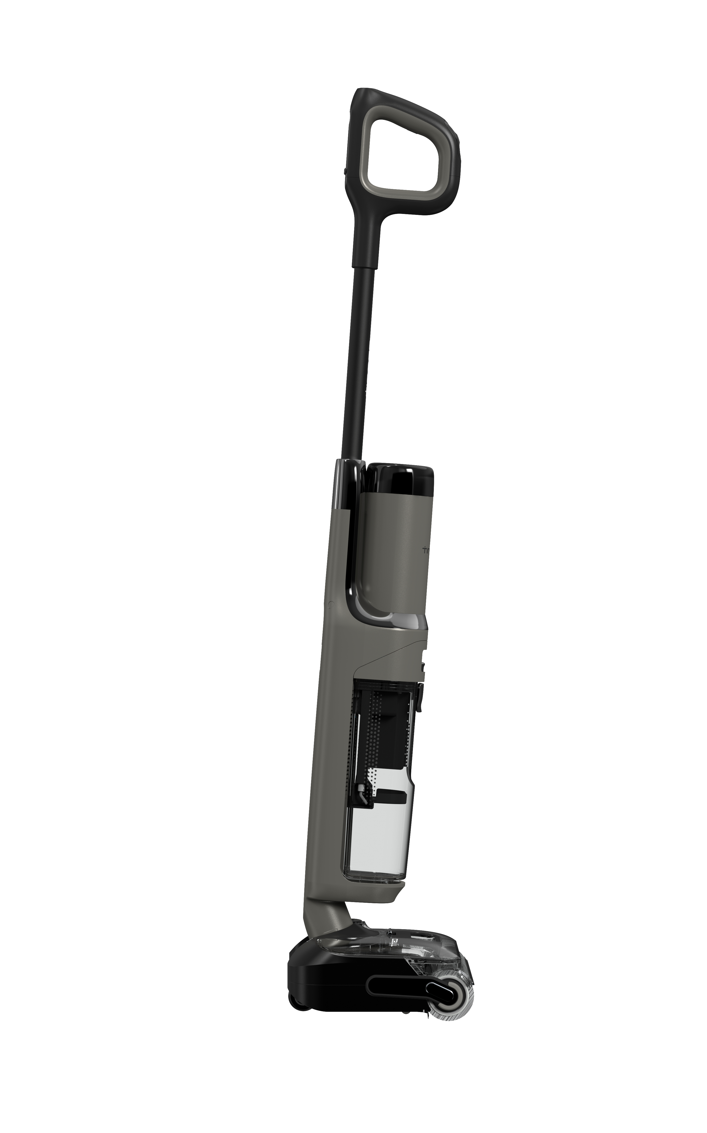 Grauer Bodenreiniger mit schwarzem Griff und transparentem Tank.