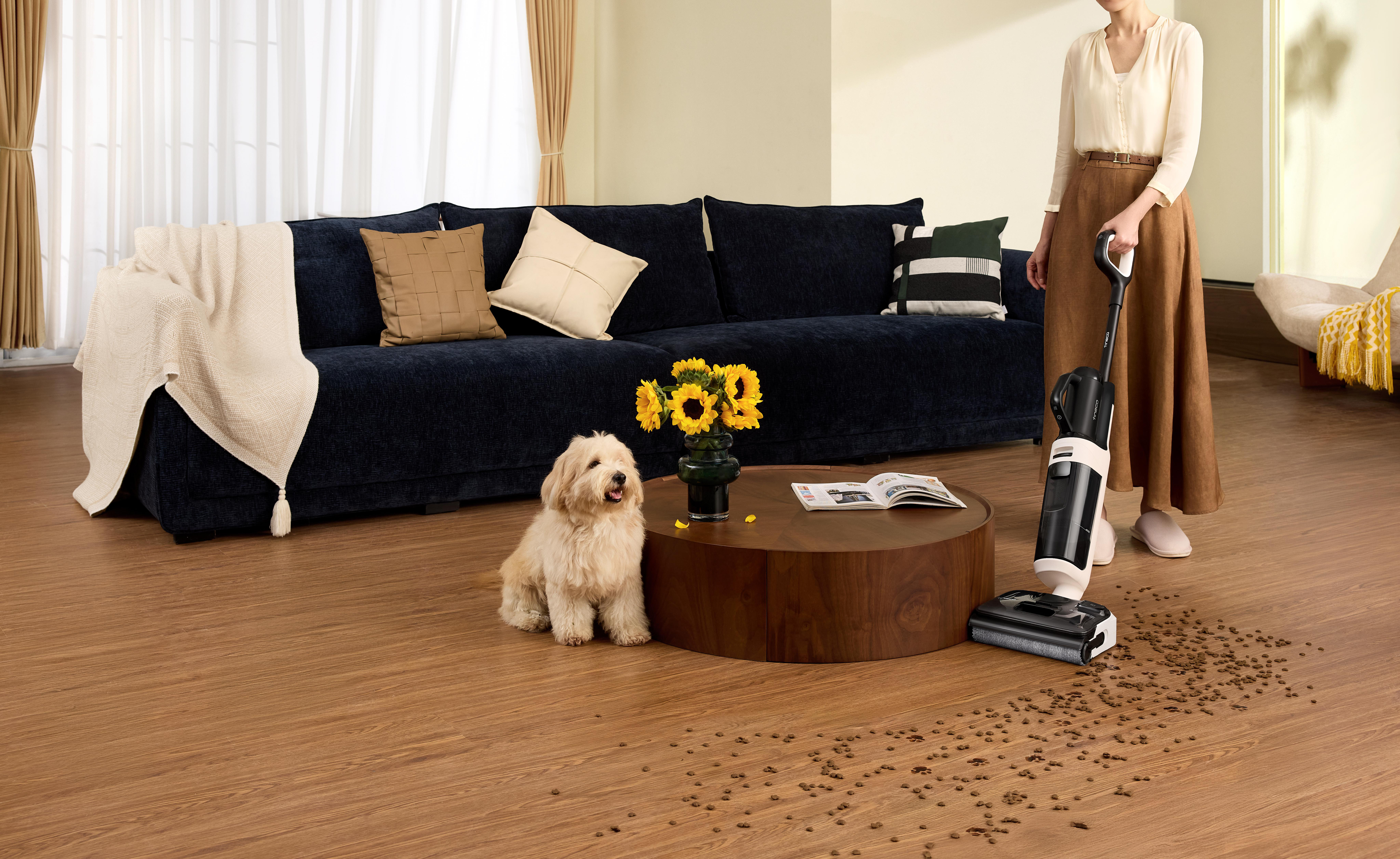 Ein Hund sitzt an einem Couchtisch. Eine Frau saugt verstreutes Futter auf einem Holzboden.