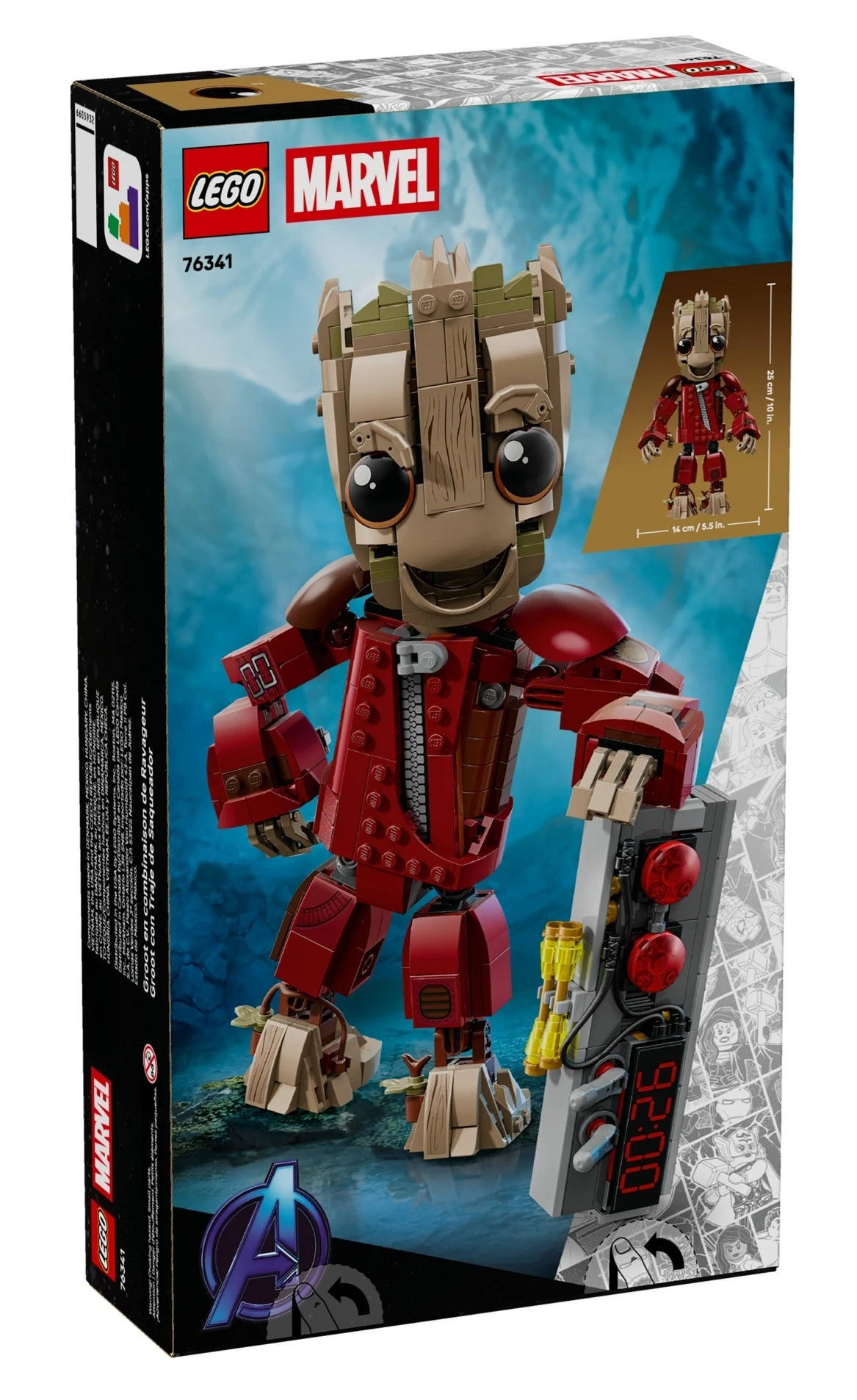 Zestaw LEGO Marvel Groot z czerwono-złotą zbroją i cyfrowym wyświetlaczem.