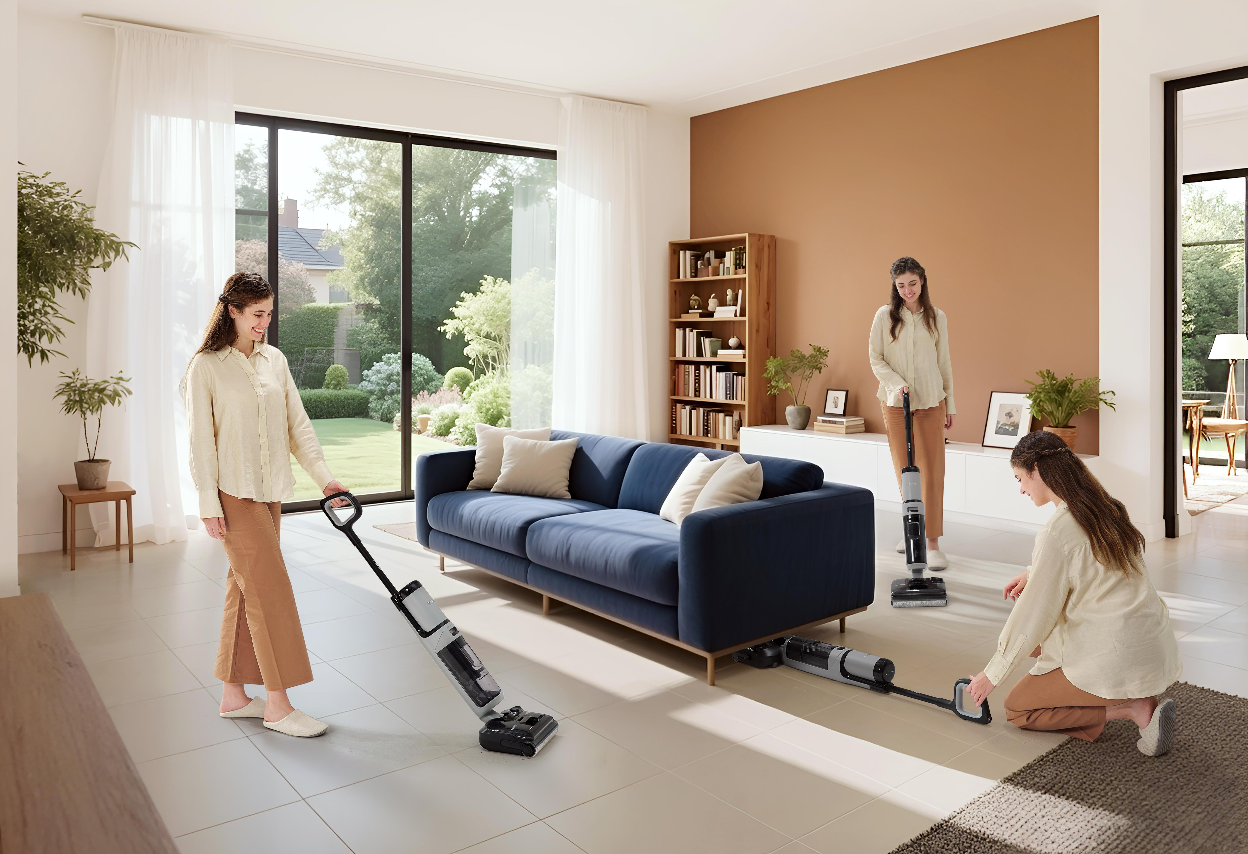 Drei Frauen reinigen ein Wohnzimmer mit Nass-/Trockensaugern.