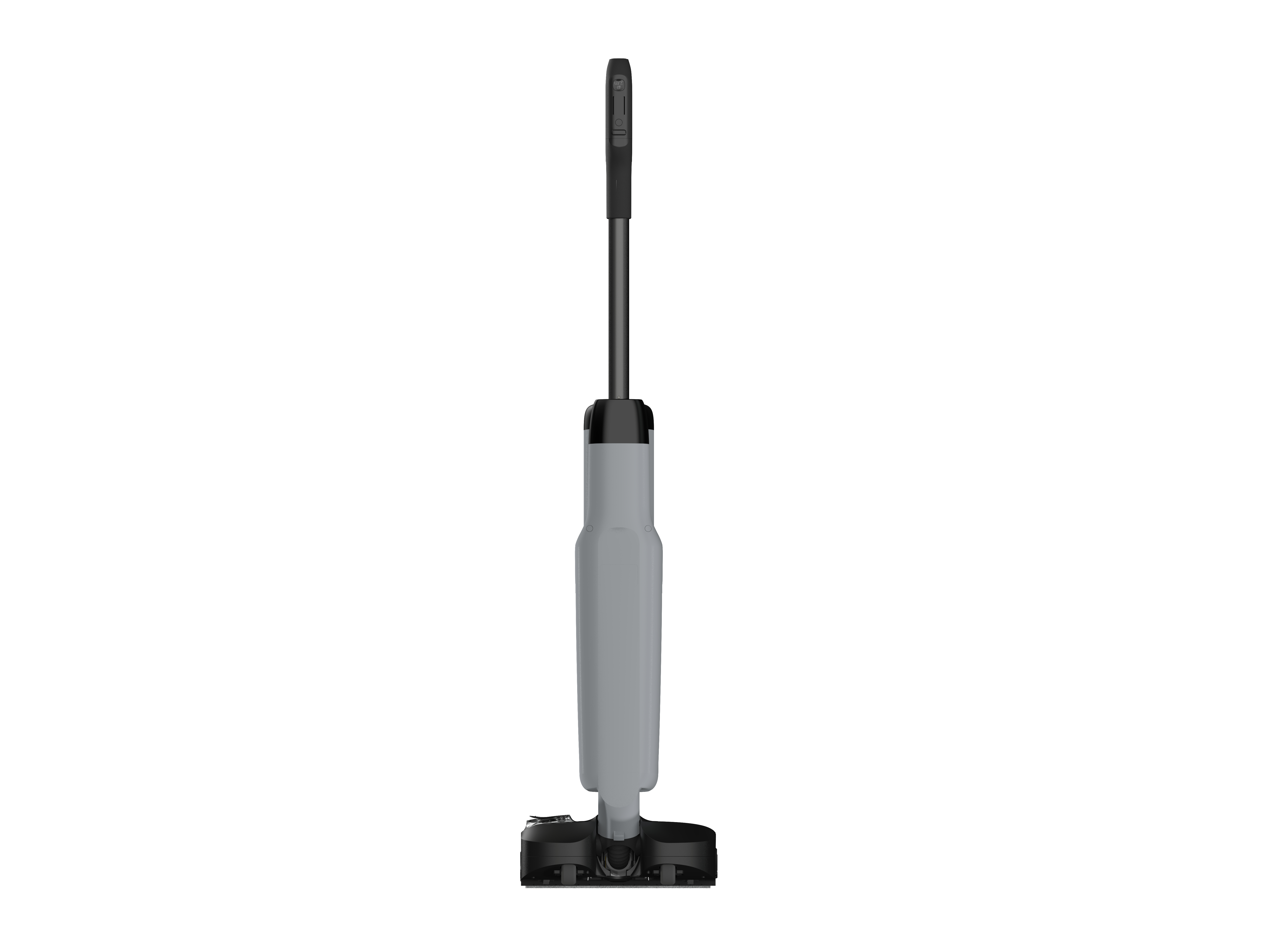 Grauer Bodenwischer mit schwarzem Griff und Bedienfeld.