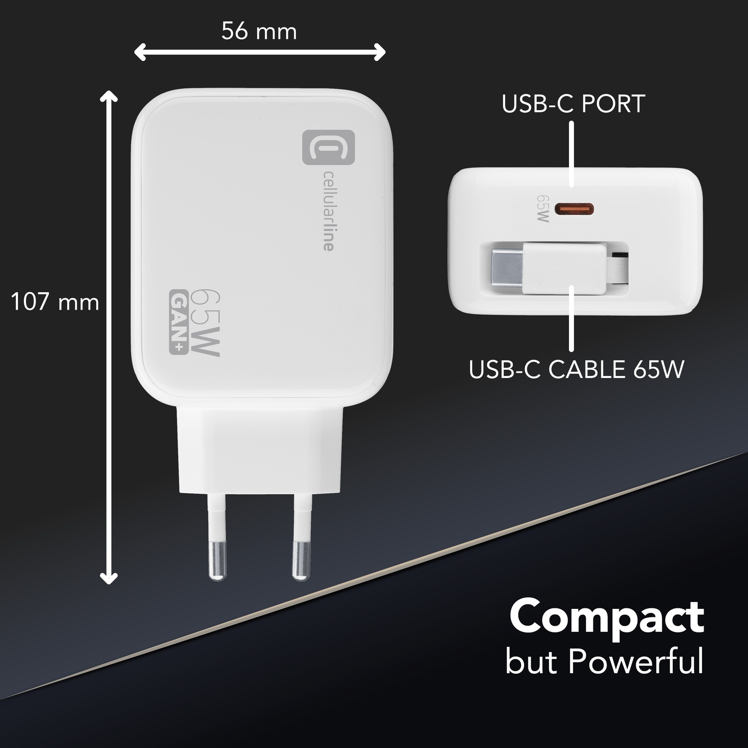 Caricatore USB-C bianco GAN+ 65W Cellularline, dimensioni 107x56mm.