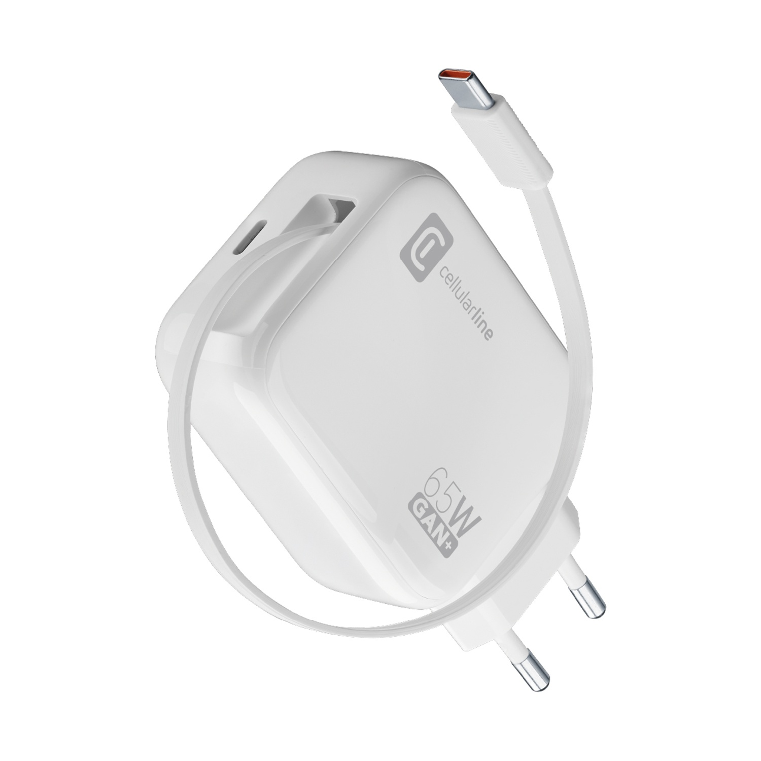 Un caricatore bianco 65W GAN+ con cavo USB-C, su sfondo bianco.