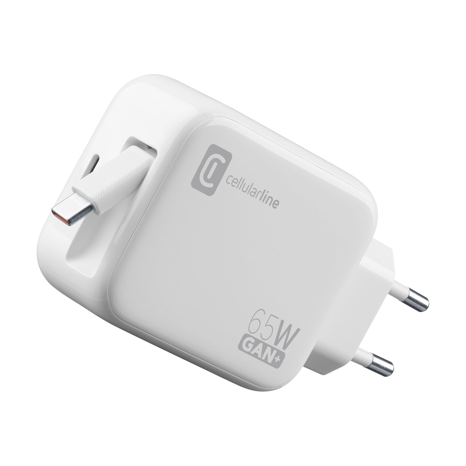 Caricatore bianco Cellularline 65W GAN+ con cavo USB-C e spina UE.
