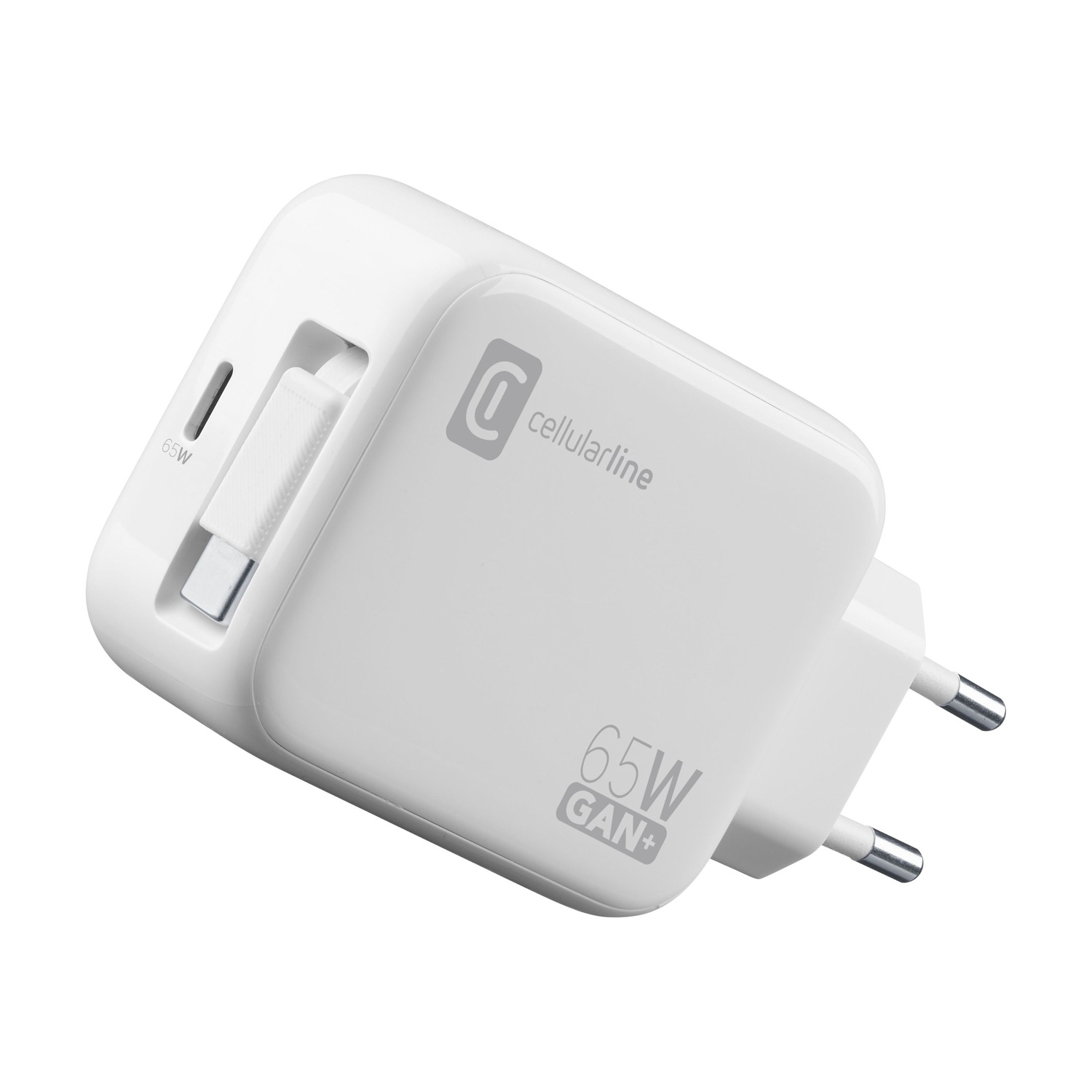 Un caricatore USB-C bianco Cellularline 65W GAN+ con due pin.