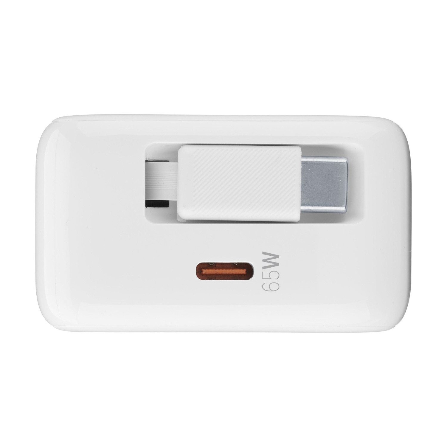Caricatore bianco con porta USB-C e marcatura 65W.
