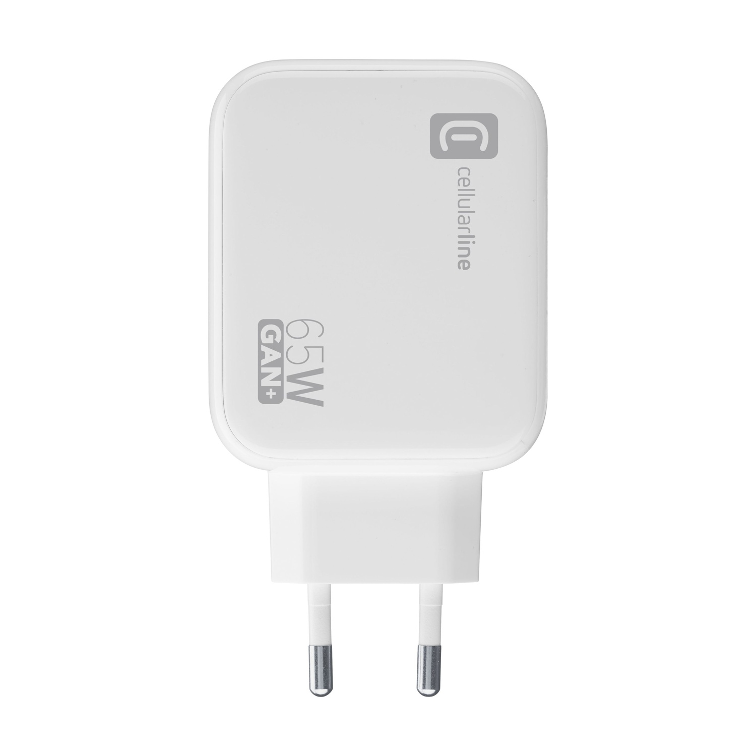 Un caricatore bianco Cellularline 65W GAN+ con due pin metallici.