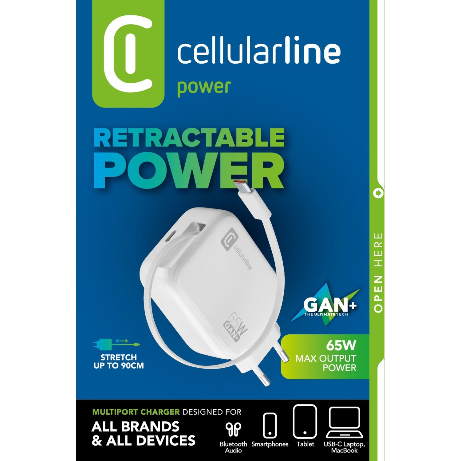 Un caricabatterie retrattile bianco Cellularline con cavo USB-C e spina europea su sfondo blu.