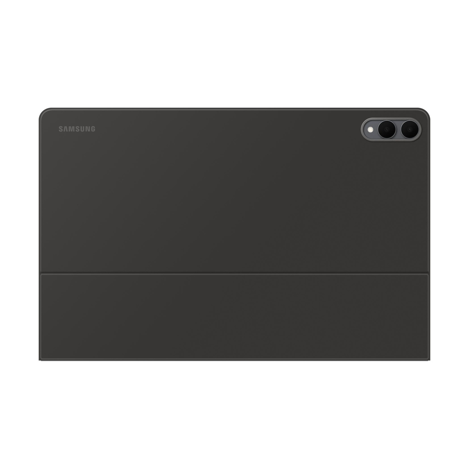 Tablet grigio scuro con logo Samsung e doppia fotocamera sul retro.