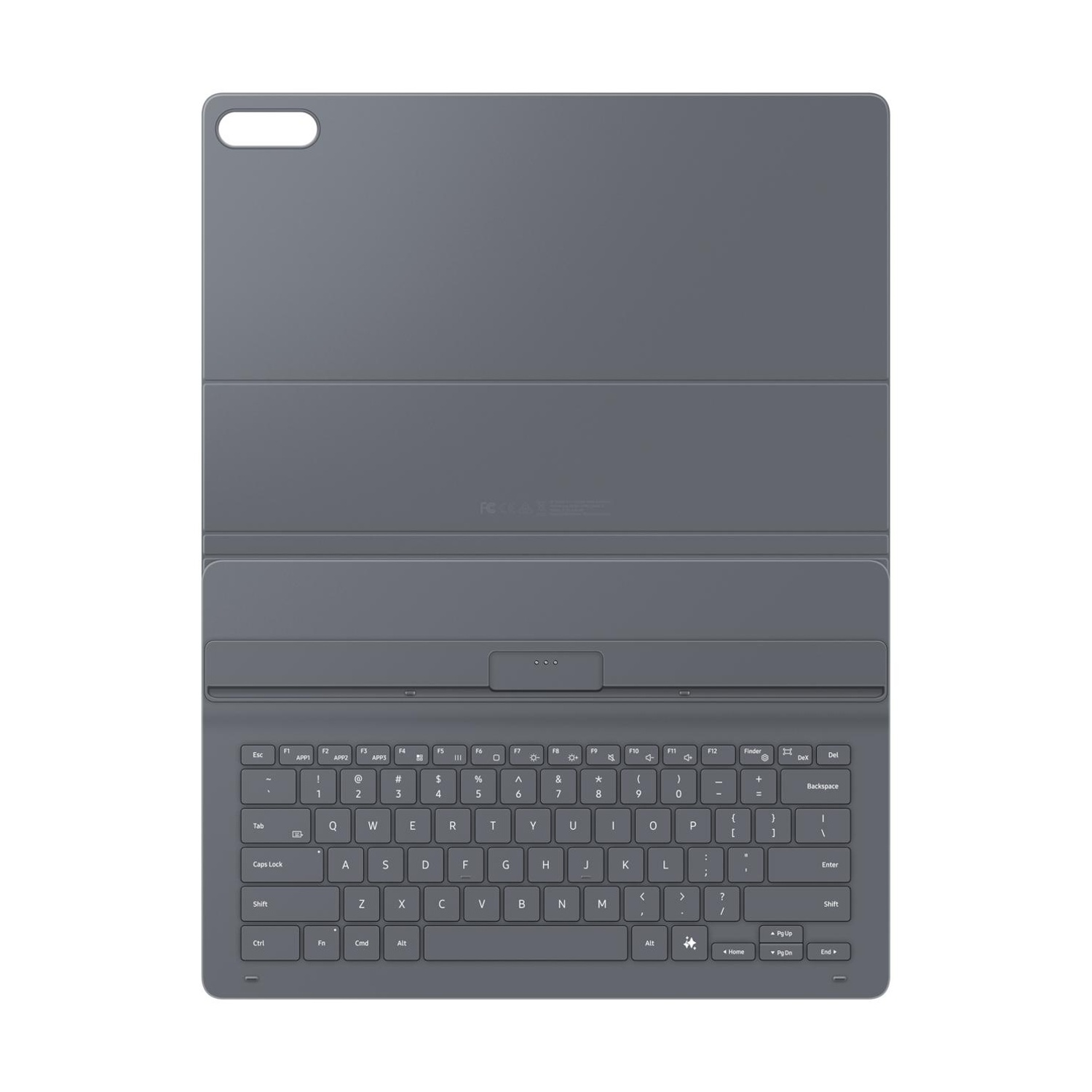 Copritastiera grigio per tablet con layout QWERTY e trackpad.