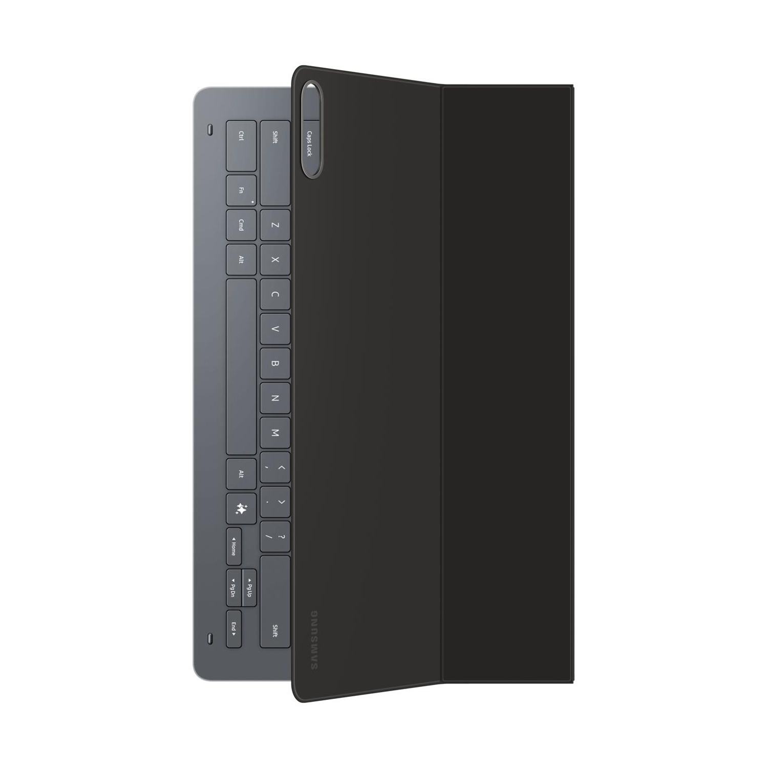 Una cover nera per tablet con tastiera grigia.