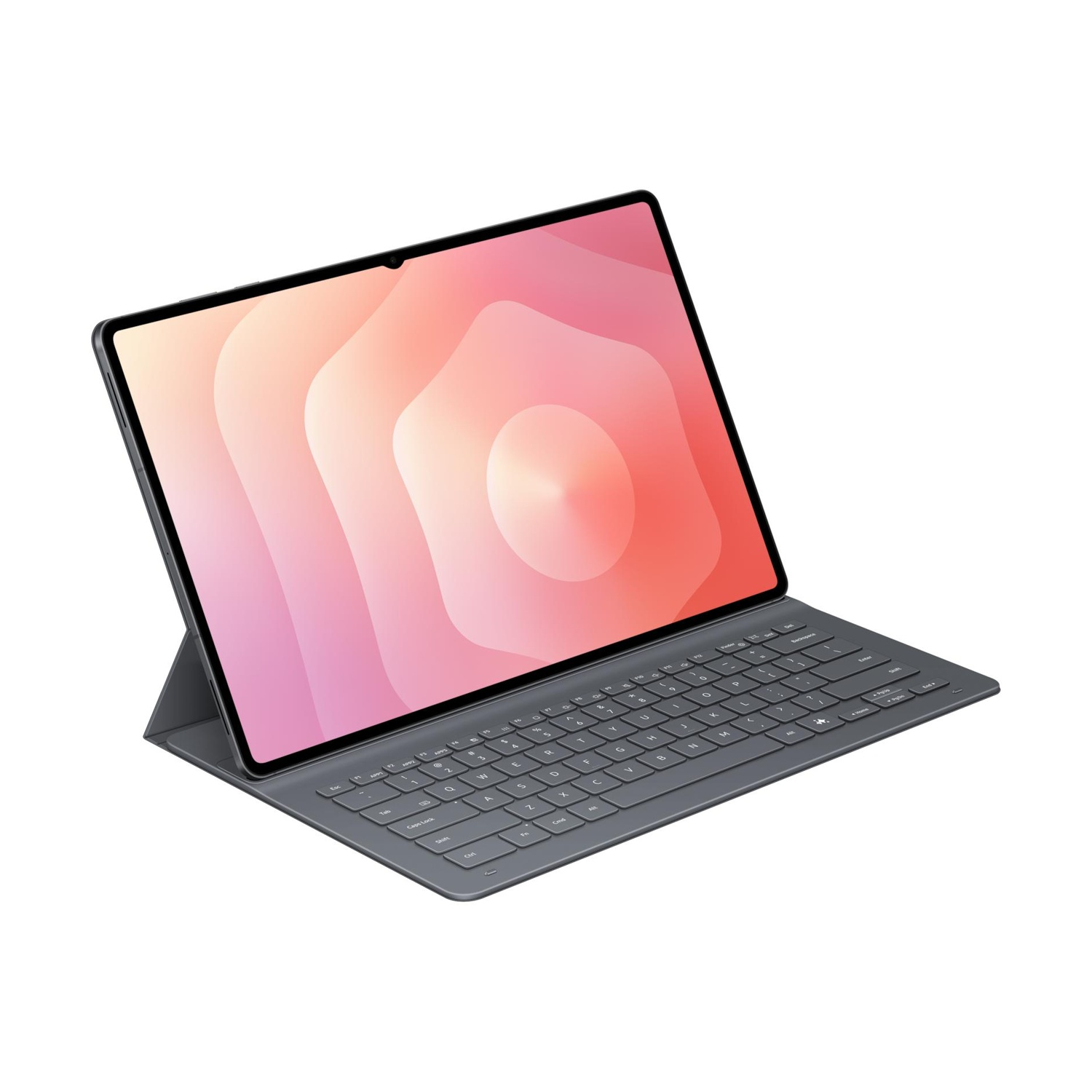 Un tablet grigio con tastiera e un'immagine di sfondo colorata.