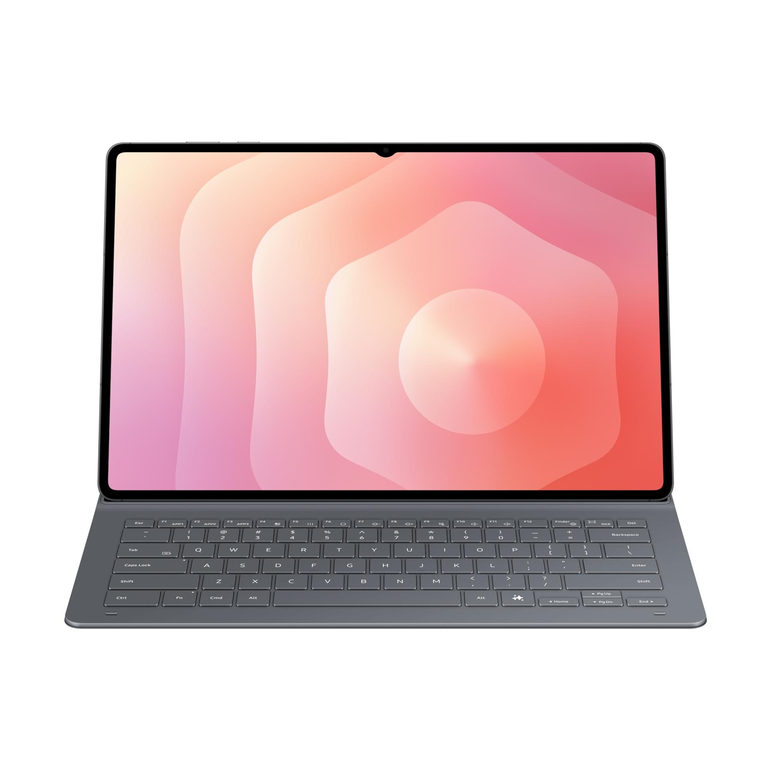 Un tablet grigio con tastiera collegata e sfondo colorato sullo schermo.