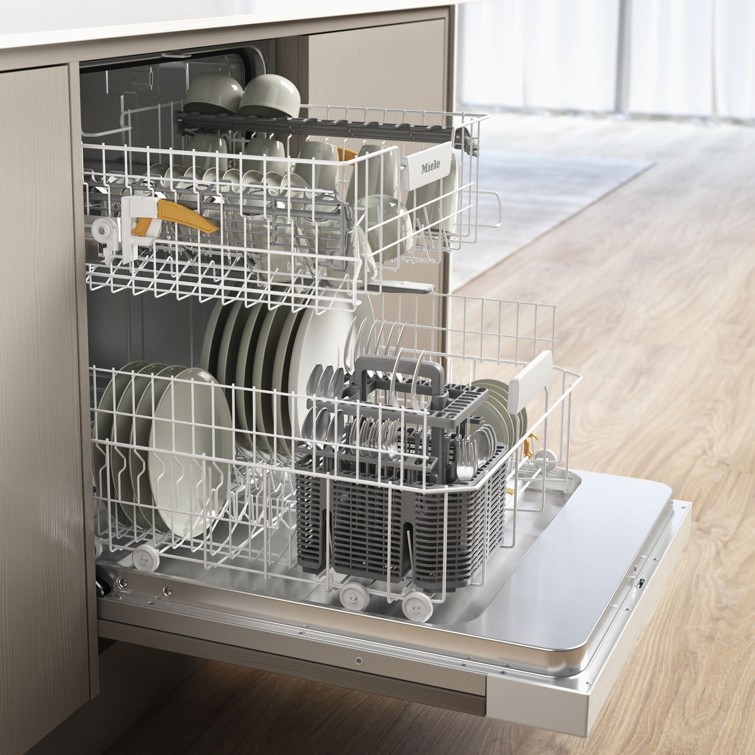 Open dishwasher with full load: Upper rack with cups, lower rack with plates and cutlery basket.