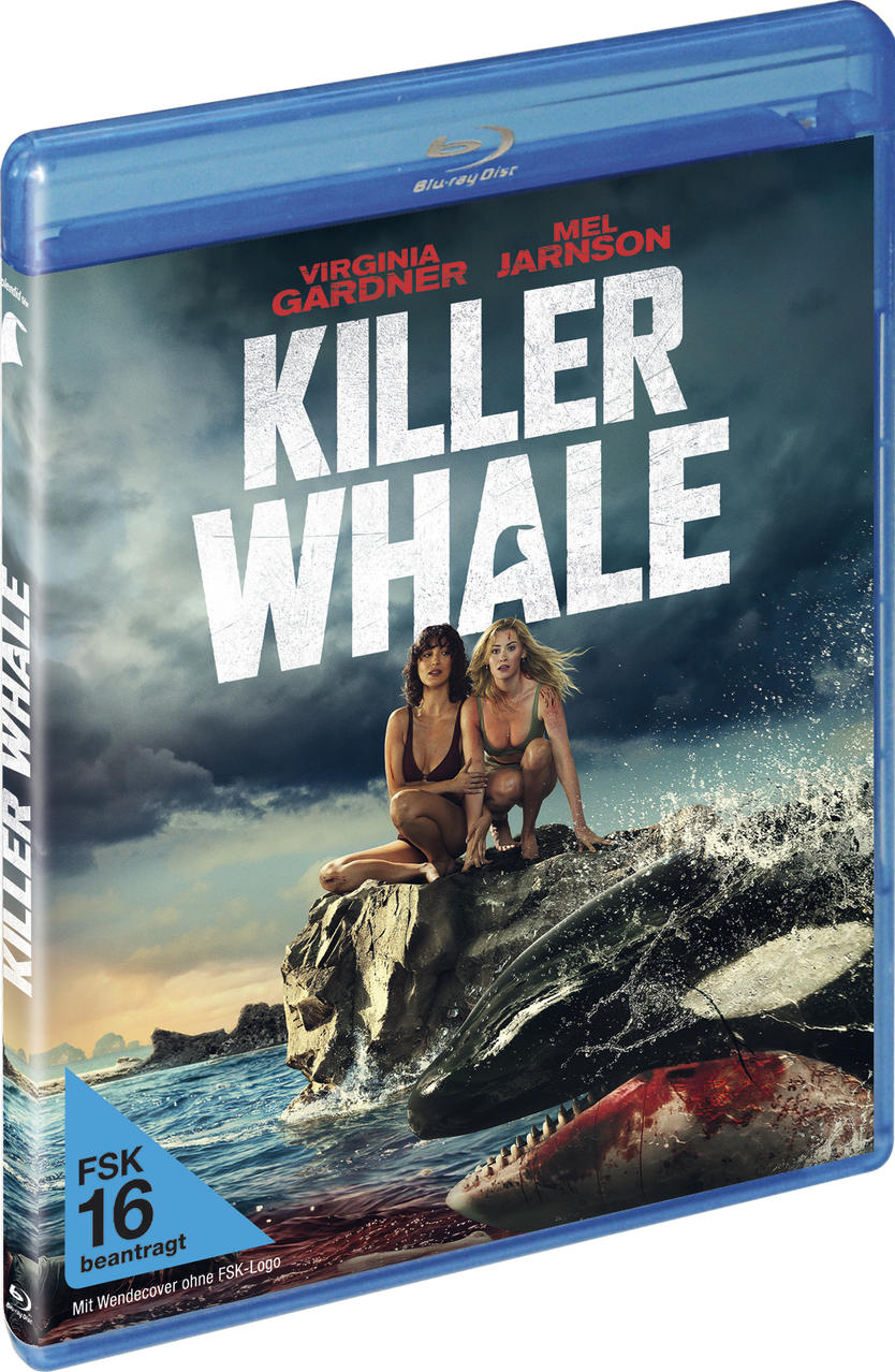 Zwei Frauen auf einem Felsen mit einem Killerwal im Meer, Blu-ray Cover.