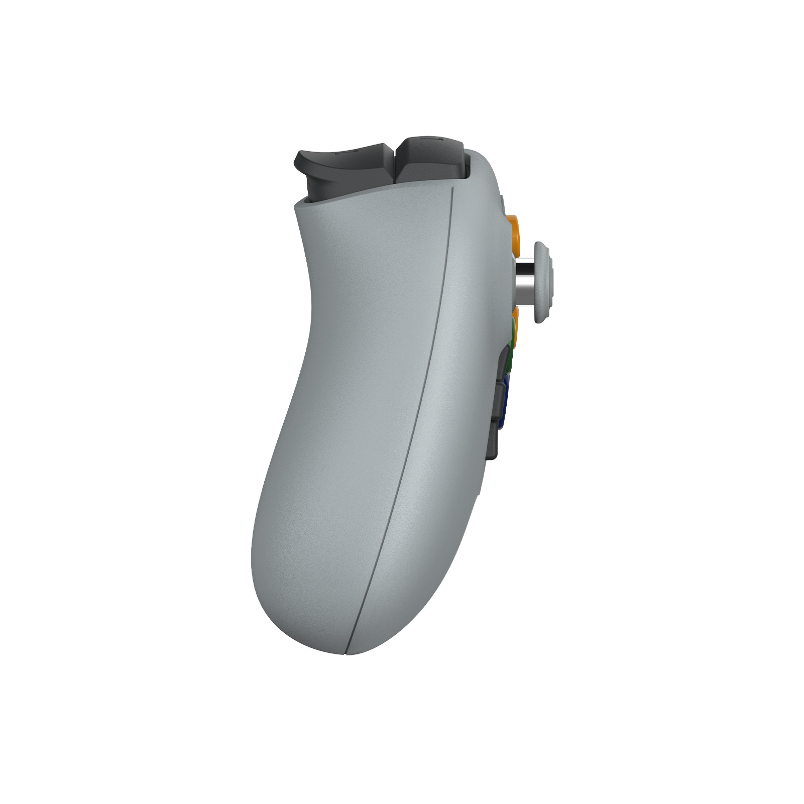 Ein grauer Controller mit gelben und blauen Tasten, von der Seite gesehen.