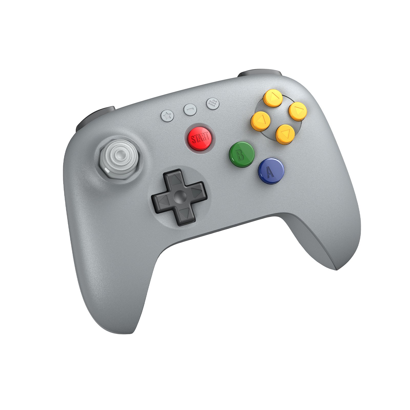 Grauer Controller mit gelben, grünen und blauen Tasten und Startknopf.