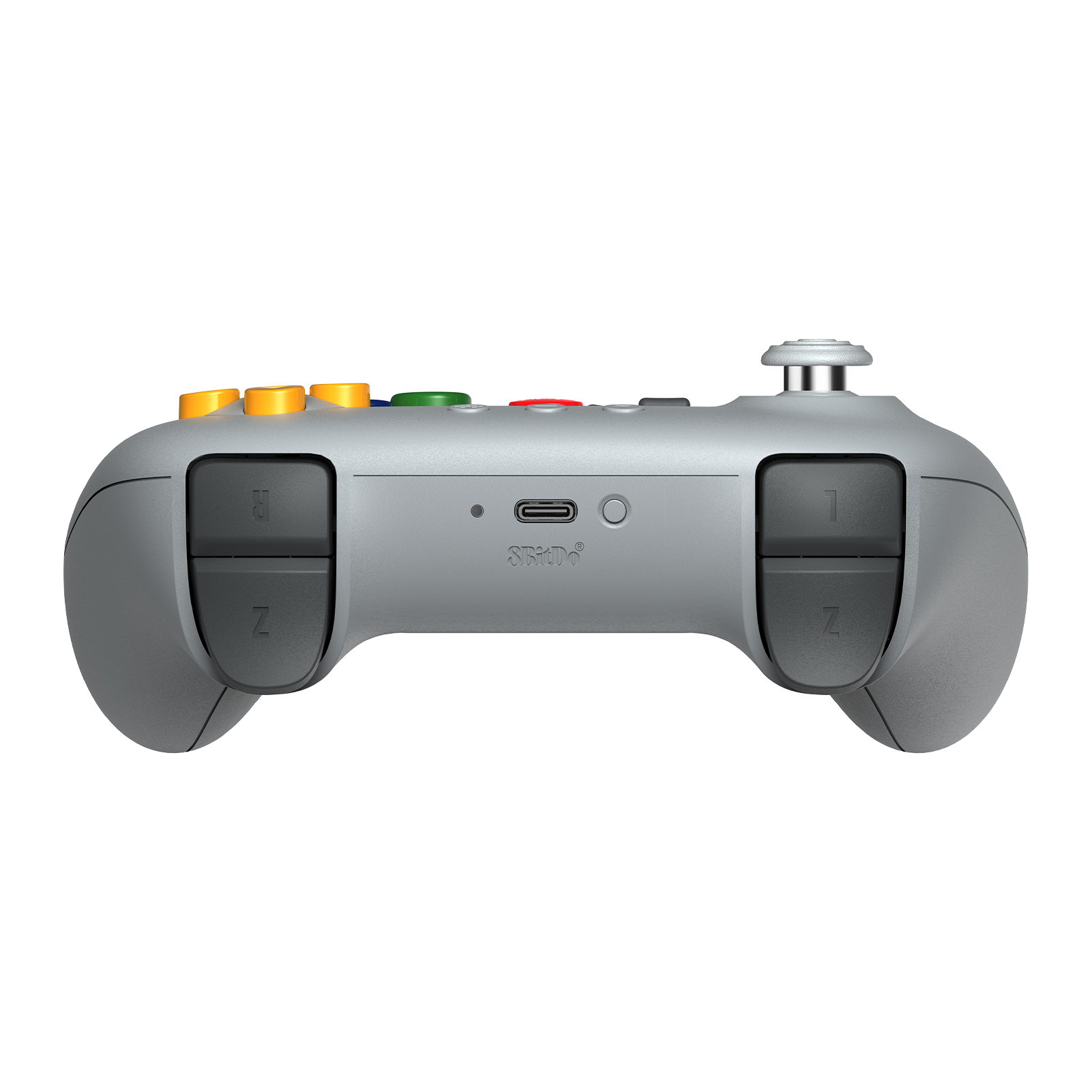 Grauer Controller mit bunten Tasten, USB-C-Anschluss und Joysticks.