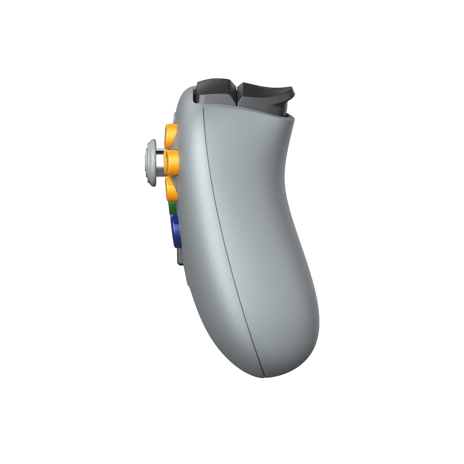 Grauer Controller mit gelben, grünen und blauen Knöpfen auf weißem Hintergrund.