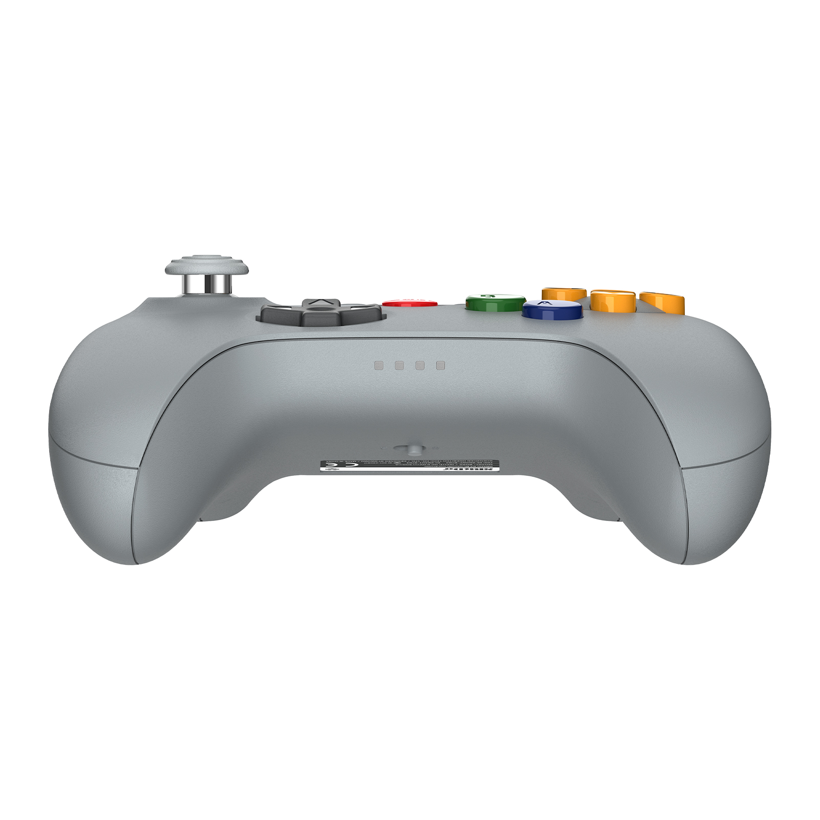 Grauer Gaming-Controller mit farbigen Tasten und einem Joystick.
