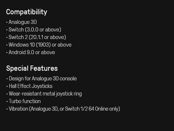 Kompatibilität und spezielle Features für Analogue 3D, Switch, Windows und Android.